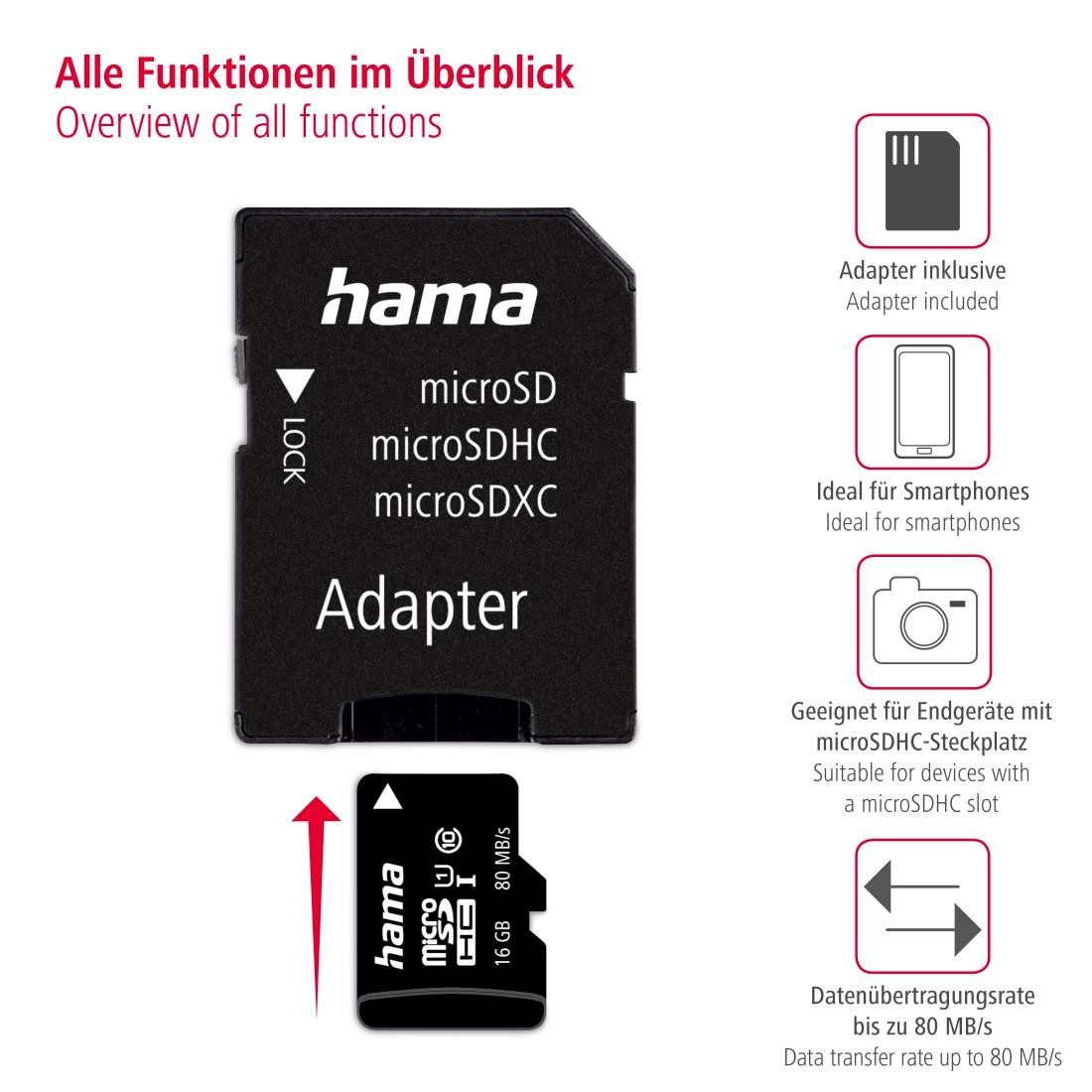 Hama microSD Karte, Memory Fast, + Adapter/Mobile, Class 10 UHS-I Speicherkarte (16 GB, UHS-I Class 10, 80 MB/s Lesegeschwindigkeit)