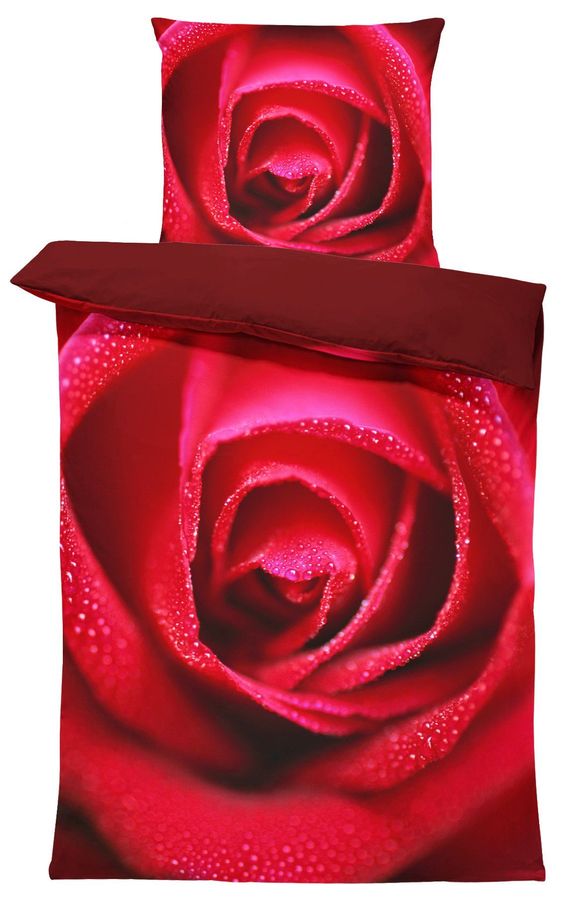 Bettwäsche Rose amour, One Home, Mikrofaser, 4 teilig, rote Rosen und bordeaux Wendeseite