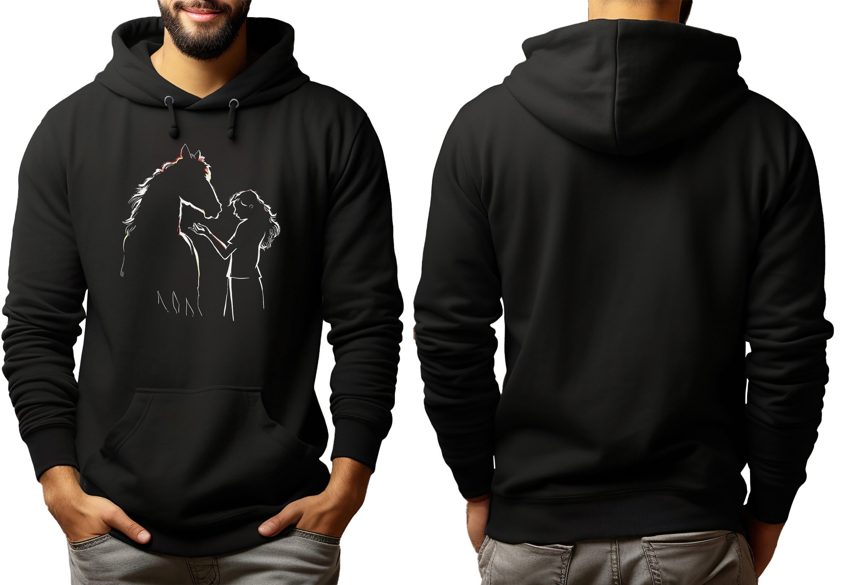 MyDesign24 Hoodie Pferde Kapuzen Pulli - Pferd mit Frau Silhouette Herren und Damen Kapuzensweater mit Pferde Print i139 – Bild 5 von 5
