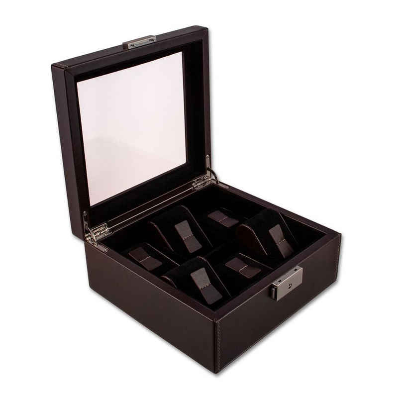 NIVREL Uhrenbox Uhrenkoffer, braun (inkl. Poliertuch), Edle Sammlerbox für 6 Uhren mit Sicherheitsschloss und Sichtfenster