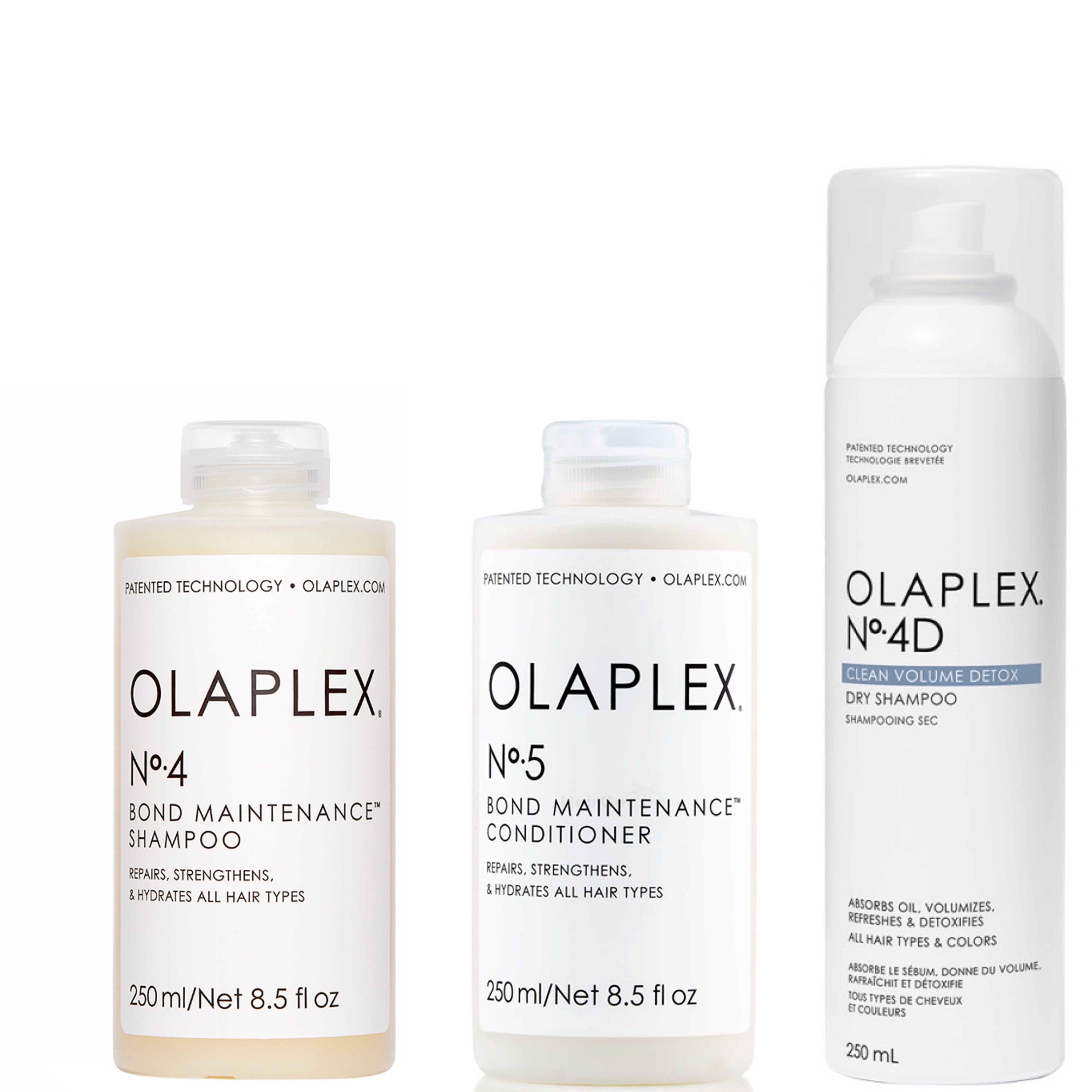 Olaplex Haarpflege-Set No.4 Shampoo 250ml + No.5 Conditioner 250ml + No.4D Dry Shampoo 250ml, 3-tlg.