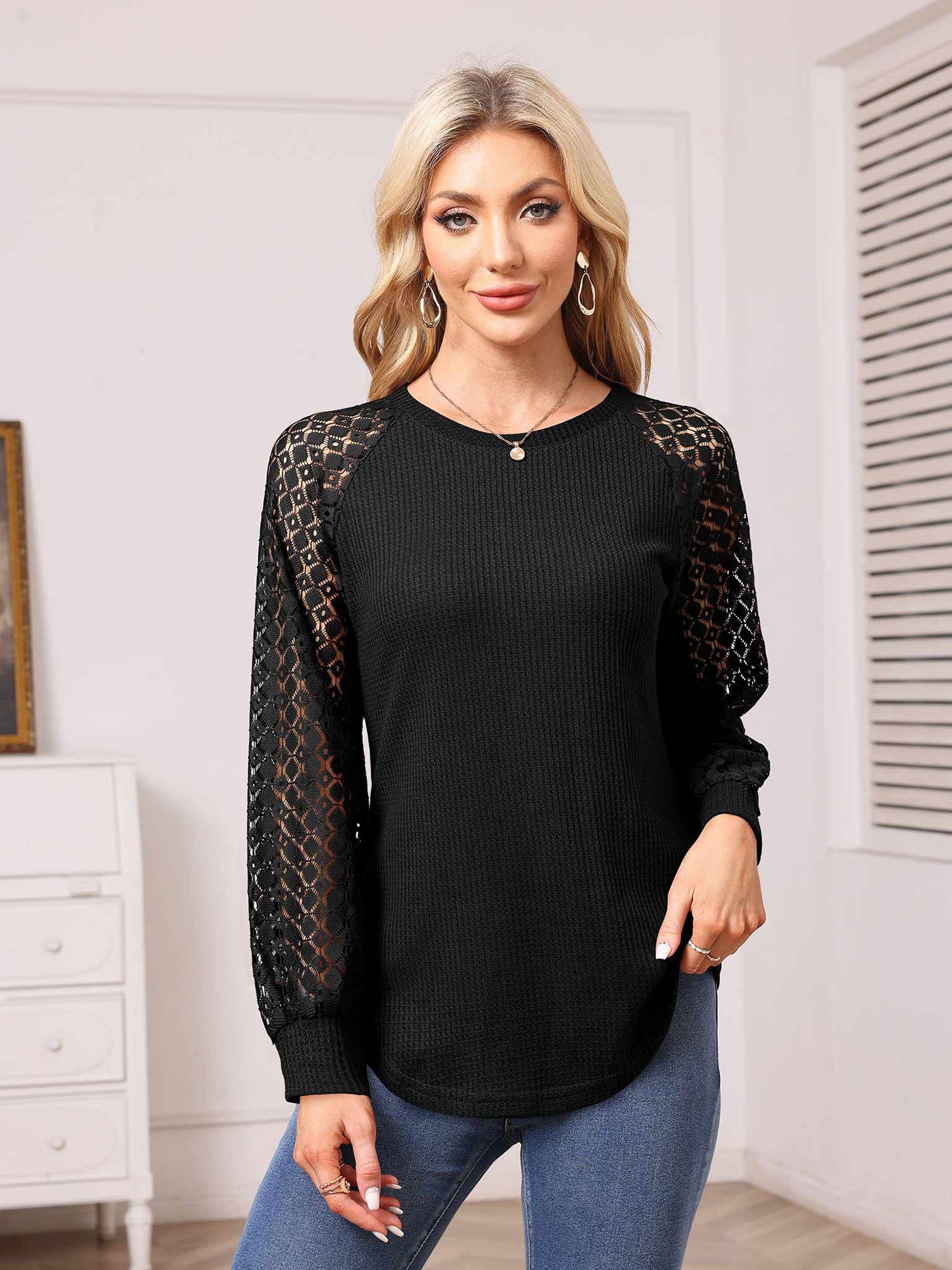 Beluring Langarmshirt Damen Langarm Bluse mit Spitzen und Waffeloptik, Busi günstig online kaufen