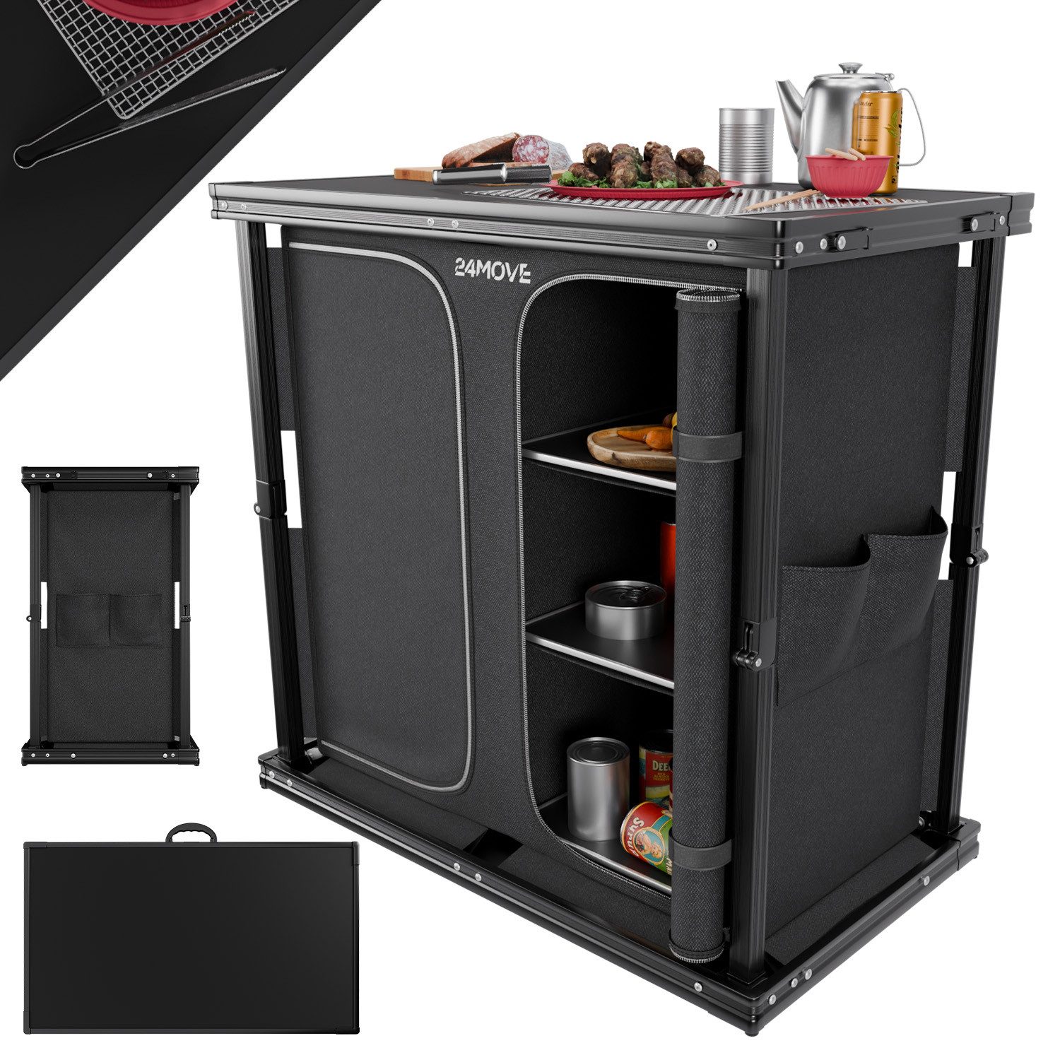 24Move Campingschrank Campingküche AVERSA faltbar, Aluminium Reiseküche mit Staufächern (Aluminium Reiseküche mit Staufächern, Campingküche AVERSA faltbar) Stabil, kompakt, mit Stauraum, leicht transportierbar, pflegeleicht