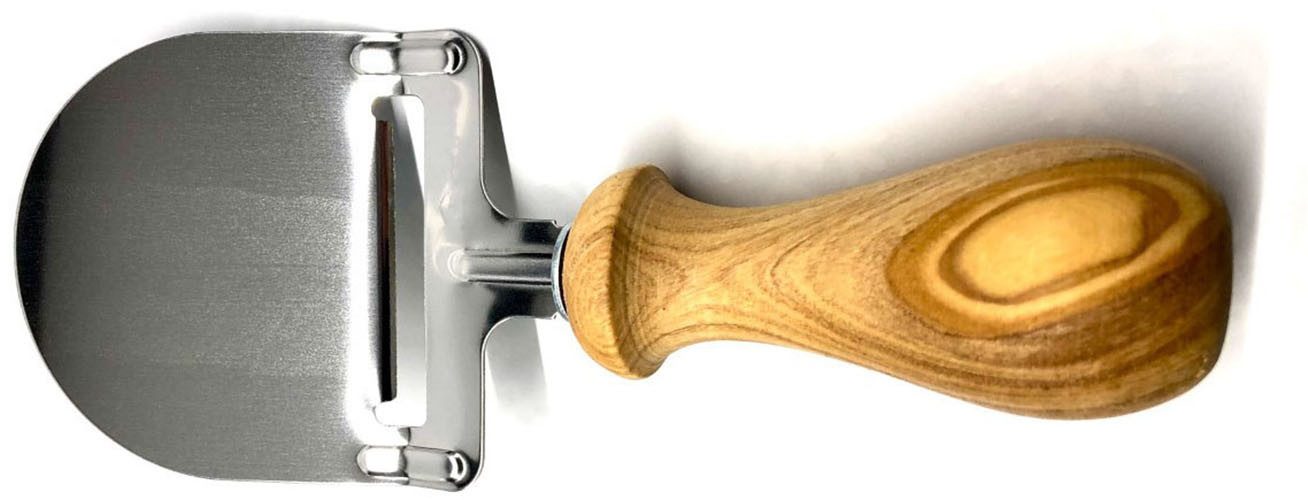 Olivenholz-erleben Käsehobel aus Edelstahl mit Olivenholzgriff, Edelstahl, (1-St), gedrechselter Griff, ideal für Schnitt- und Hartkäse, Schokolade