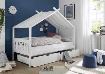 möbelando Kinderbett Liliane, LILIANE Stilvolles Einzelbett 90 x 200 cm mit Himmelvorrichtung - Komfortables Jugendzimmer Bett aus massiver Kiefer, Weiß - 98 x 170 x 209 cm (B/H/T)