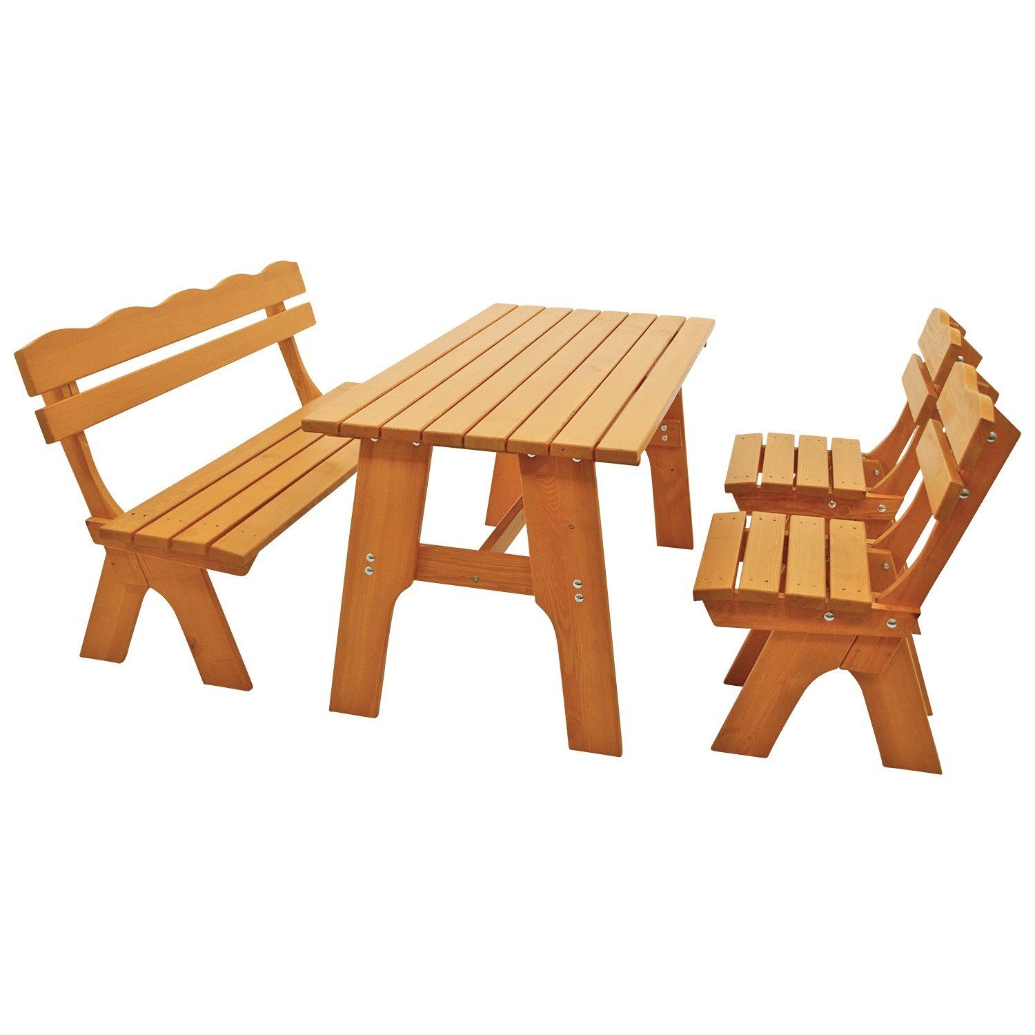 DEGAMO Garten-Essgruppe FREITAL, (4-tlg), (2x Stuhl, 1x Bank 150cm, 1x Tisch 72x150cm), massive Kiefer lackiert