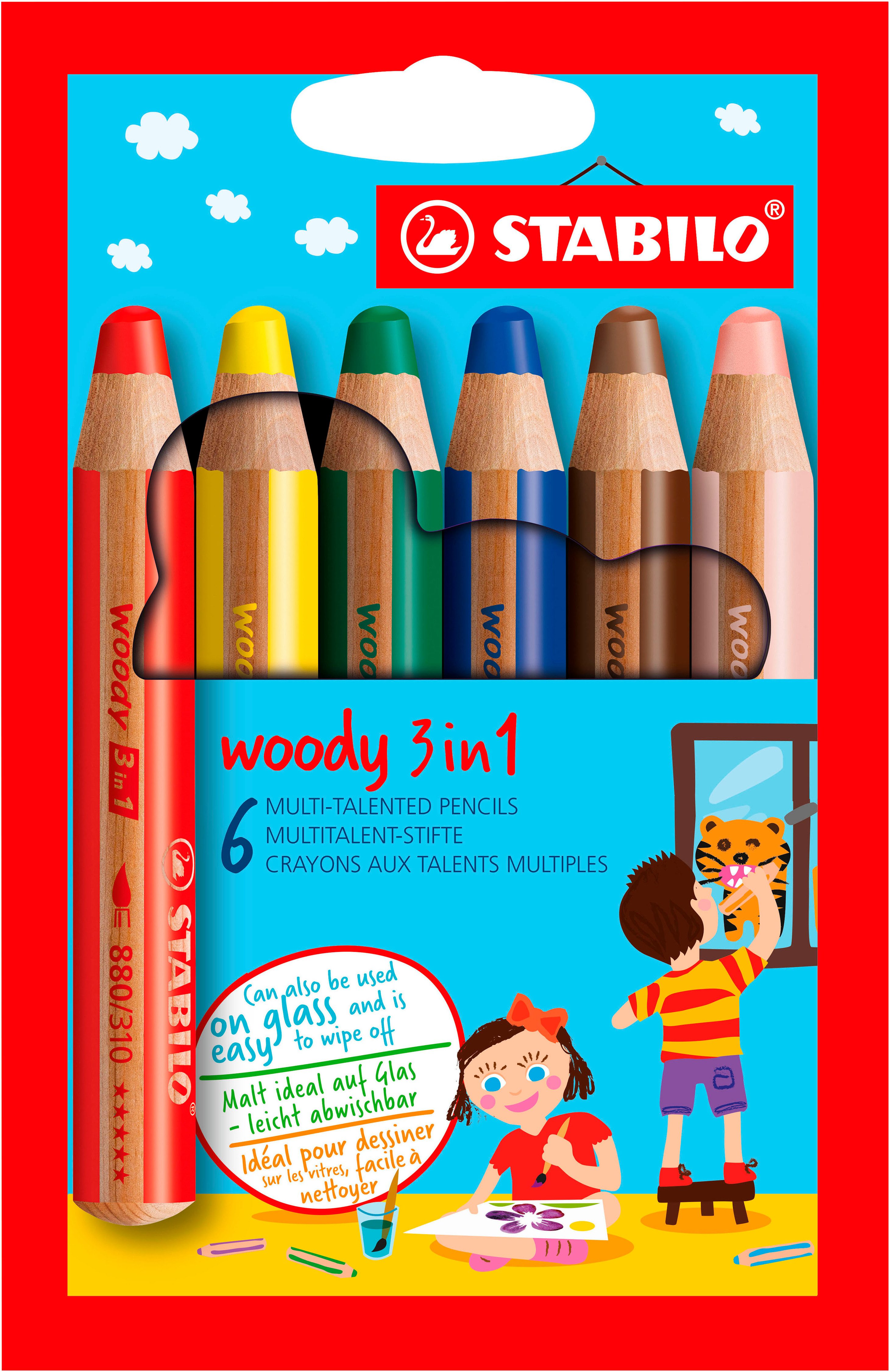 STABILO Buntstift Wasserfarbe & Wachsmalkreide woody 3 in 1 - 6er Pack, mit 6 verschiedenen Farben; Made in Germany