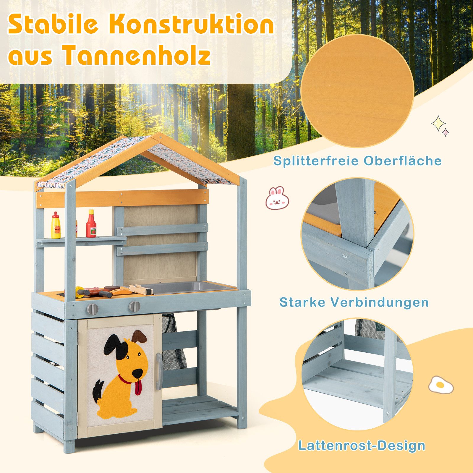 COSTWAY Outdoor-Spielküche, 2 in 1 Kinderküche mit Spülbecken, Tafel