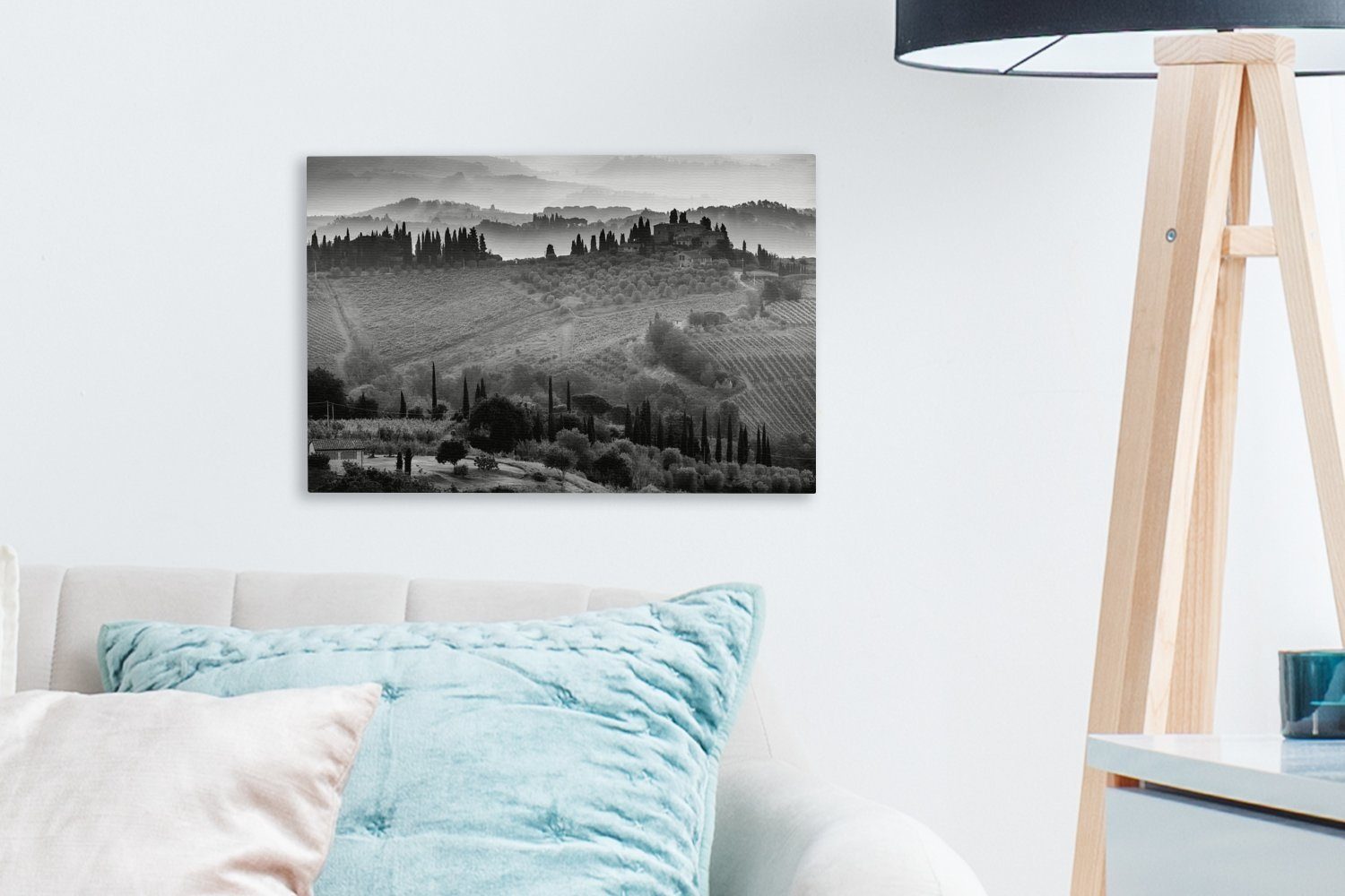 -, Wandbild Leinwandbilder, über Sonnenaufgang Nebel (1 ummauerten in cm Aufhängefertig, Leinwandbild Gimignano San 30x20 dem Italien St), OneMillionCanvasses® Wanddeko, bei