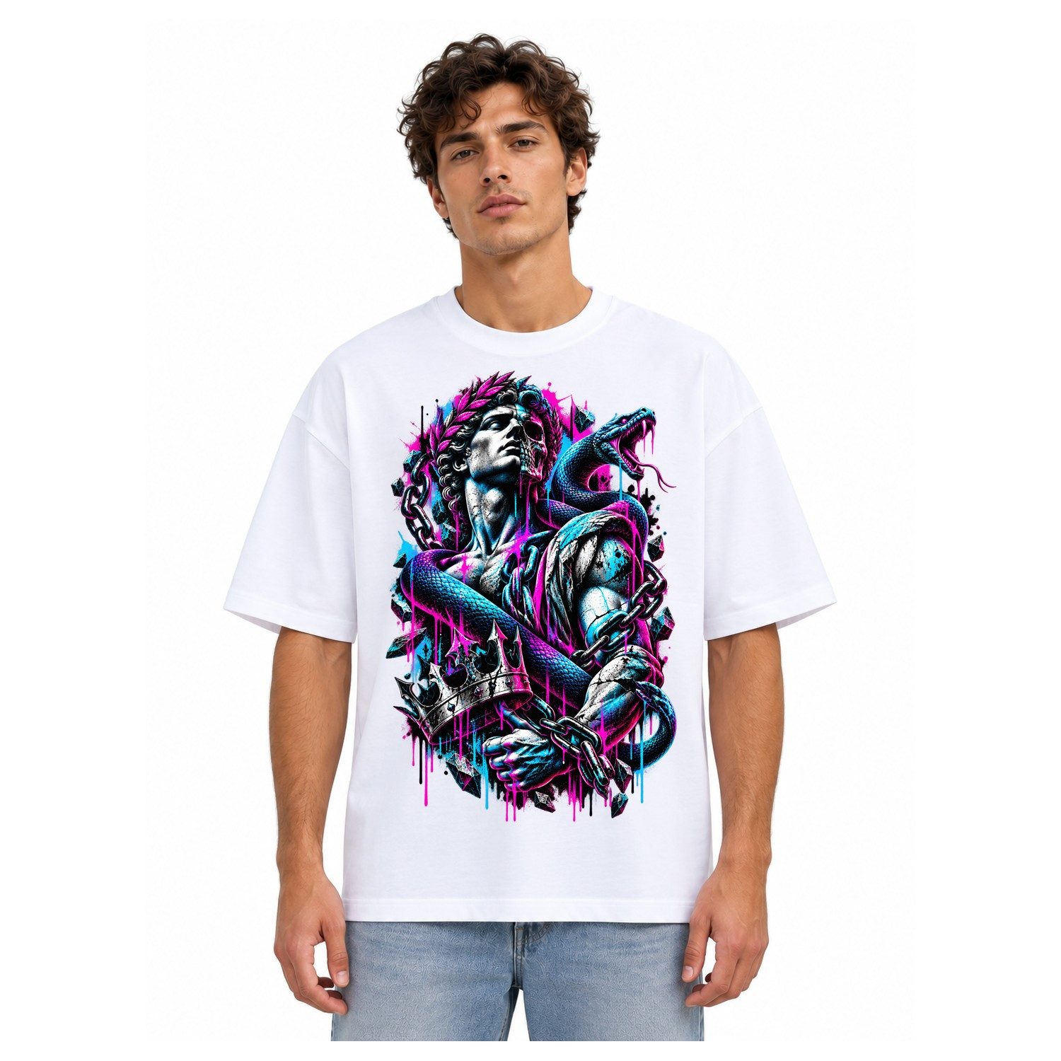 Blondie & Brownie T-Shirt Oversize T-Shirt Antikstatue Schlangenmotiv mit großflächiger Grafik (Einzelteil) Neonrelikt Schlangenkronen Edition
