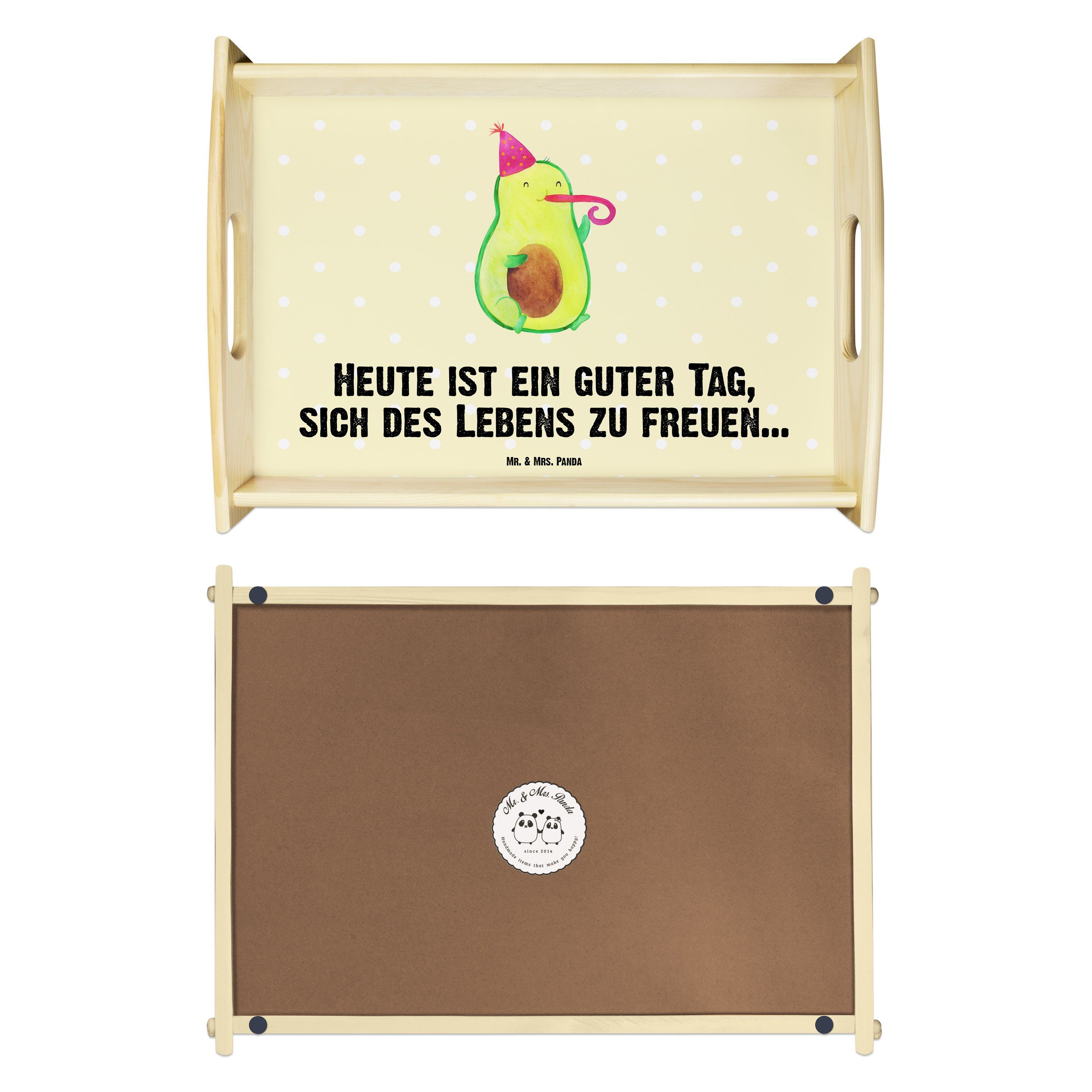 Echtholz Tablett, lasiert, Geschenk, Pastell Mrs. Gelb Tablett Panda Mr. - (1-tlg) Feierlic, Tröte, - Avocado & Partyhupe