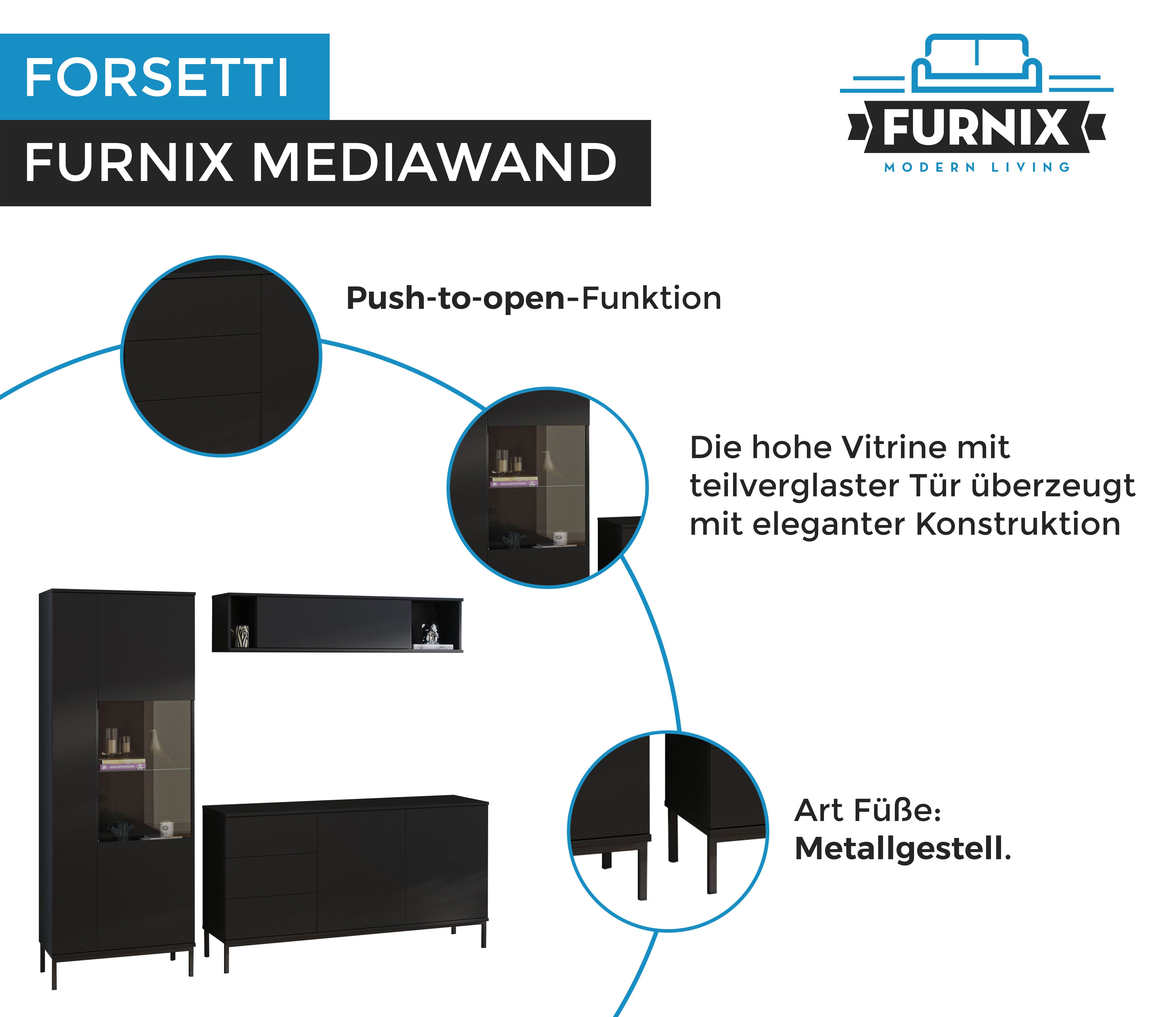 Furnix Wohnwand 3-teilige Mediawand mit B220 x H190 Hickory, Schwarz Metallfüßen matt FORSETTI cm x 3 T41 Möbelwand