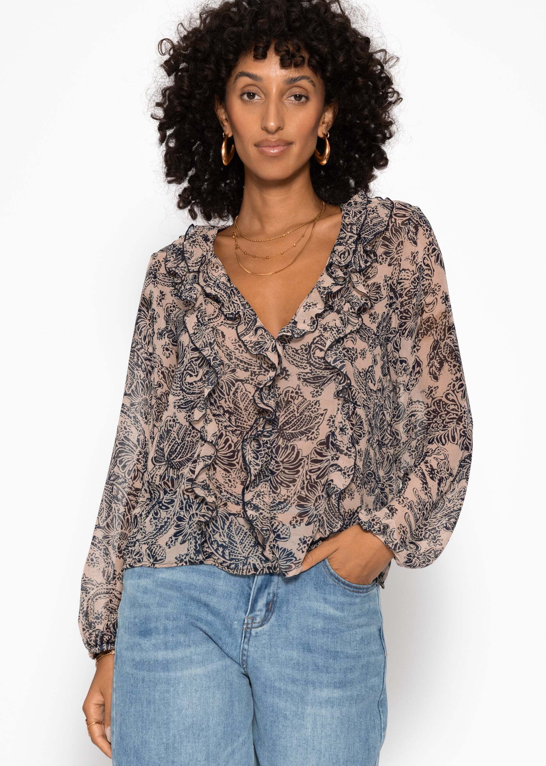 SASSYCLASSY Langarmbluse Leichte Bluse mit Rüschen für Damen Chiffonbluse mit langen weiten Ärmeln mit Gummizugabschluss Beige