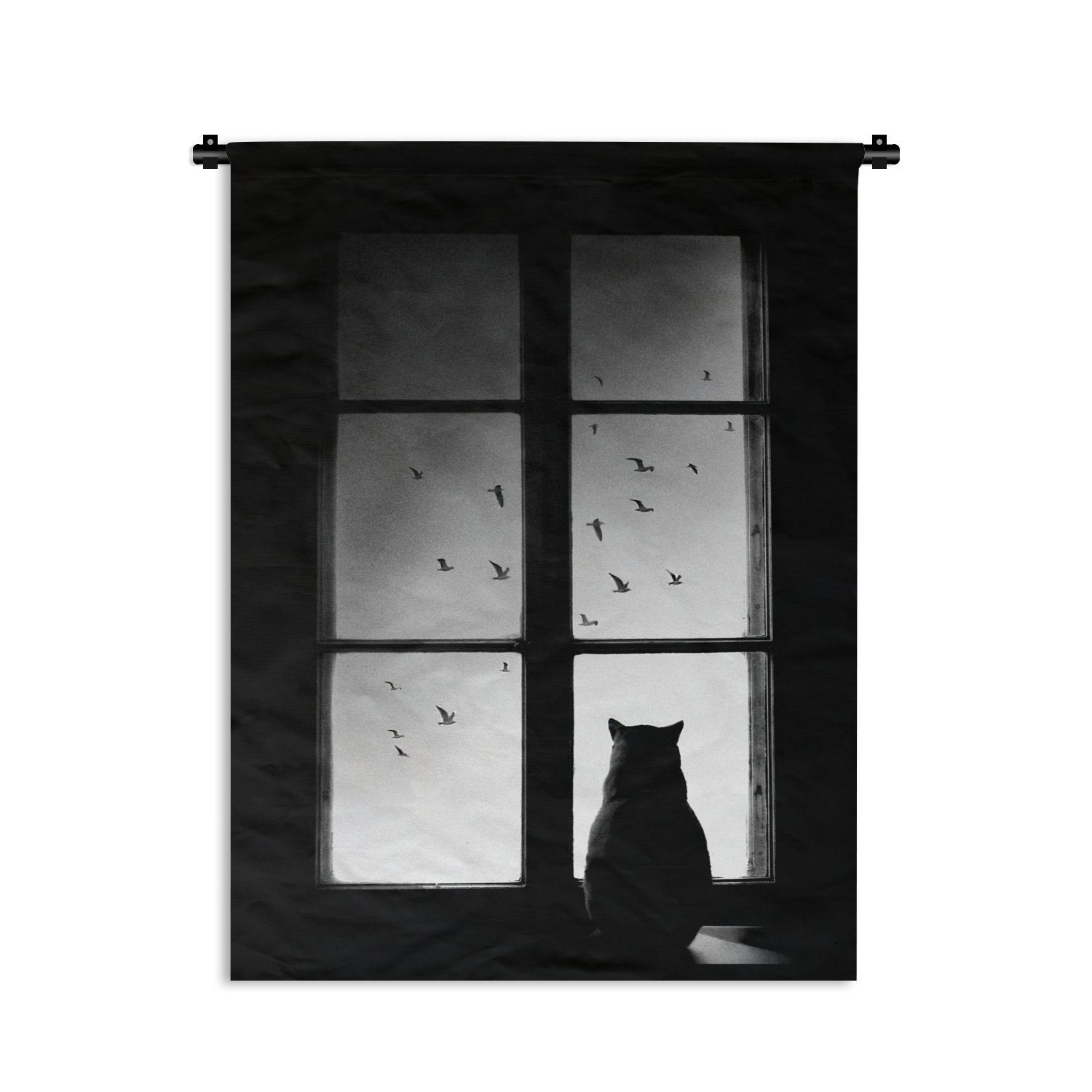 Fenster, - MuchoWow Schlafzimmer - der Schwarz Wohnzimmer, an Wand, weiß Wanddekoobjekt für - Deko Katze Tapisserie, und Tiere