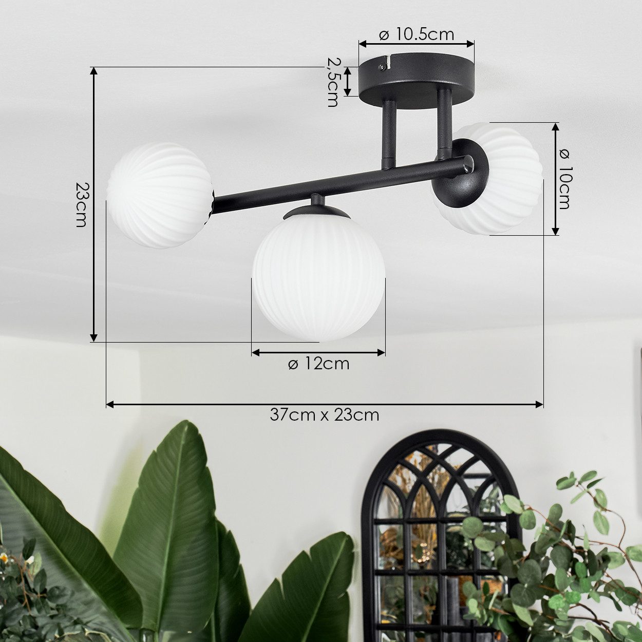 hofstein Deckenleuchte 3-flammige Deckenlampe aus Metall/Riffelglas in Schwarz/Milchglas/Weiß, ohne Leuchtmittel, im Vintage-Design (Schirme Ø 10; 12 cm), G9