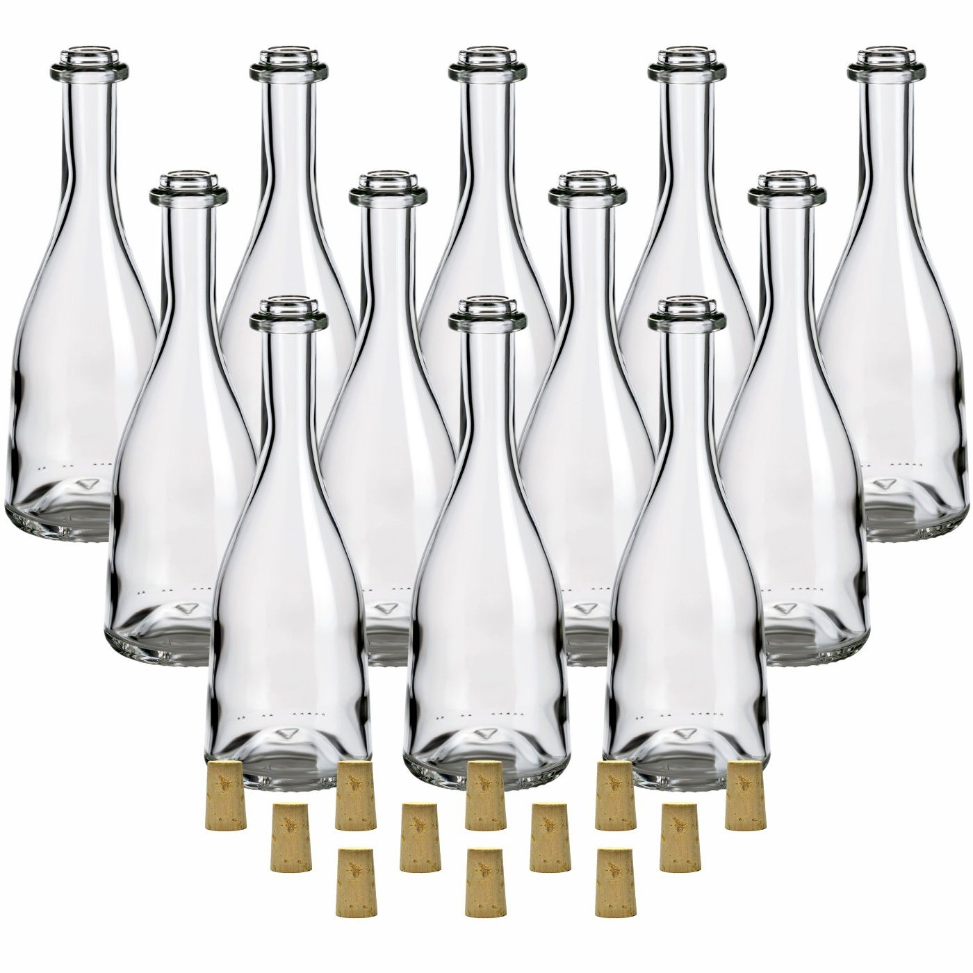gouveo Trinkflasche 12er Set Glasflaschen 200 ml “Rustica” mit Korken - Korken-Flasche, Spitzkorken