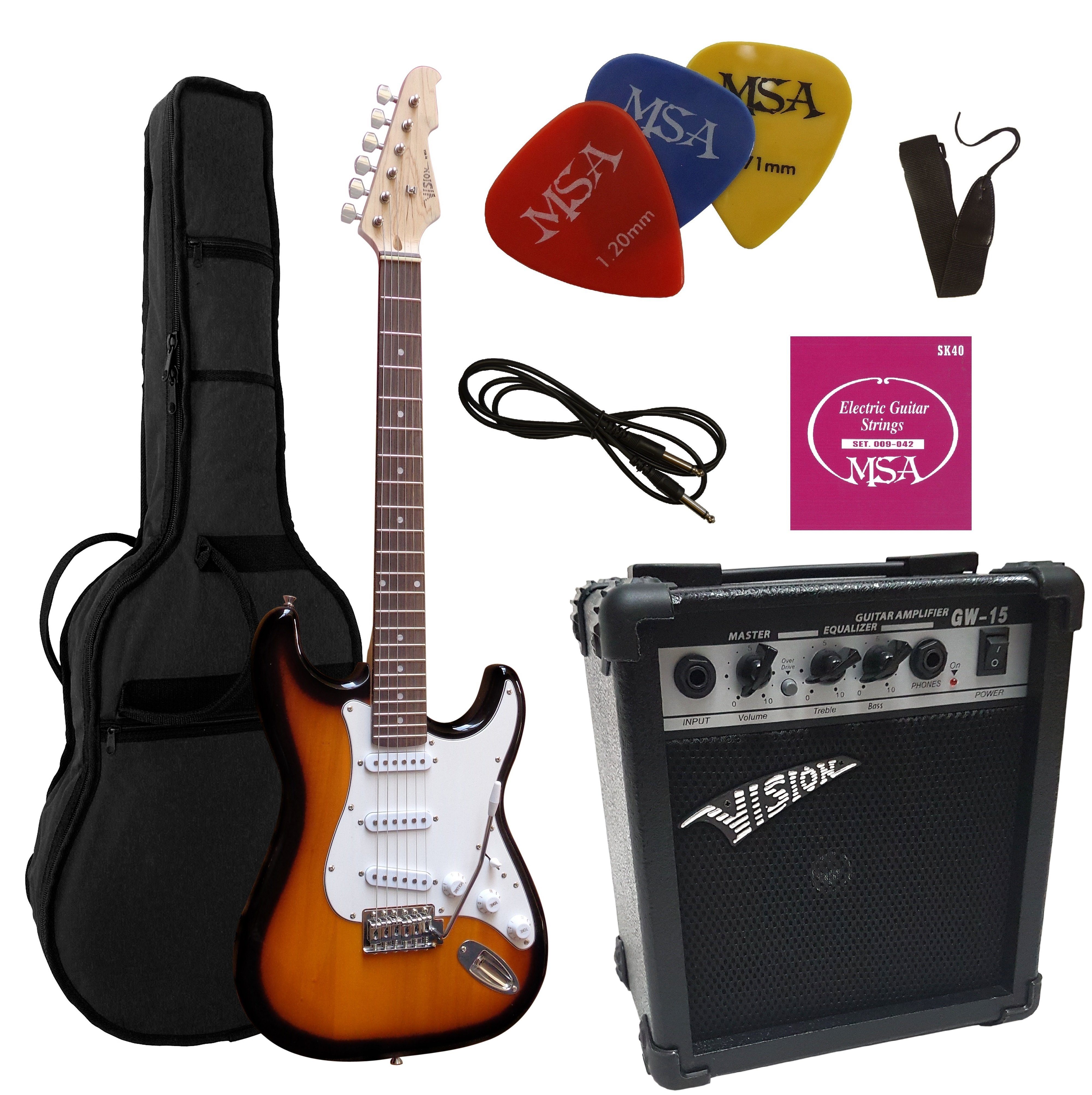 MSA E-Gitarre ST5, Elektrogitarre im Set, mit 20 Watt Verstärker, Tasche, Band,Saiten, 3xPik, Tremolo