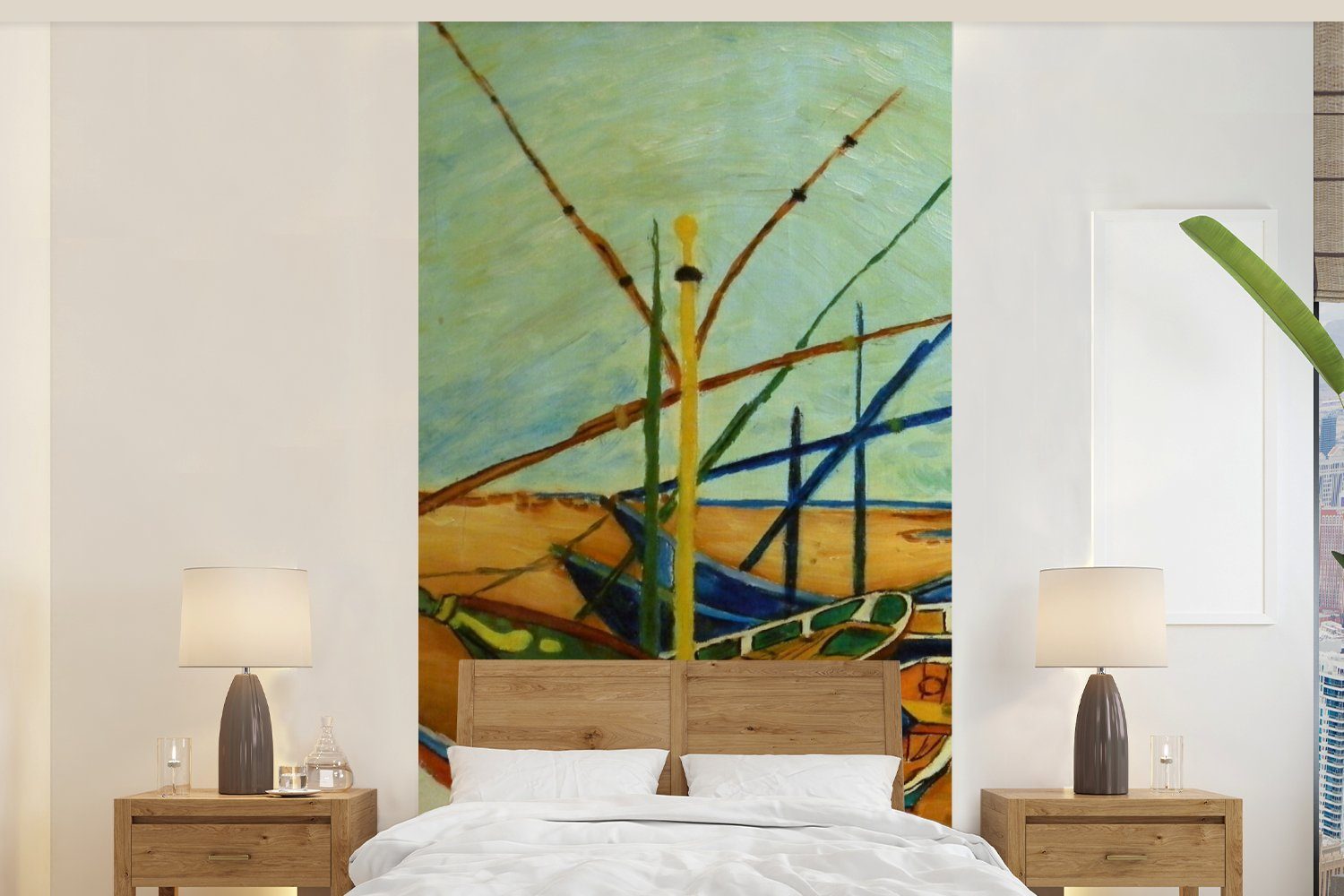 MuchoWow Fototapete Fischerboote am Strand - Vincent van Gogh, Matt, bedruckt, (2 St), Vliestapete für Wohnzimmer Schlafzimmer Küche, Fototapete