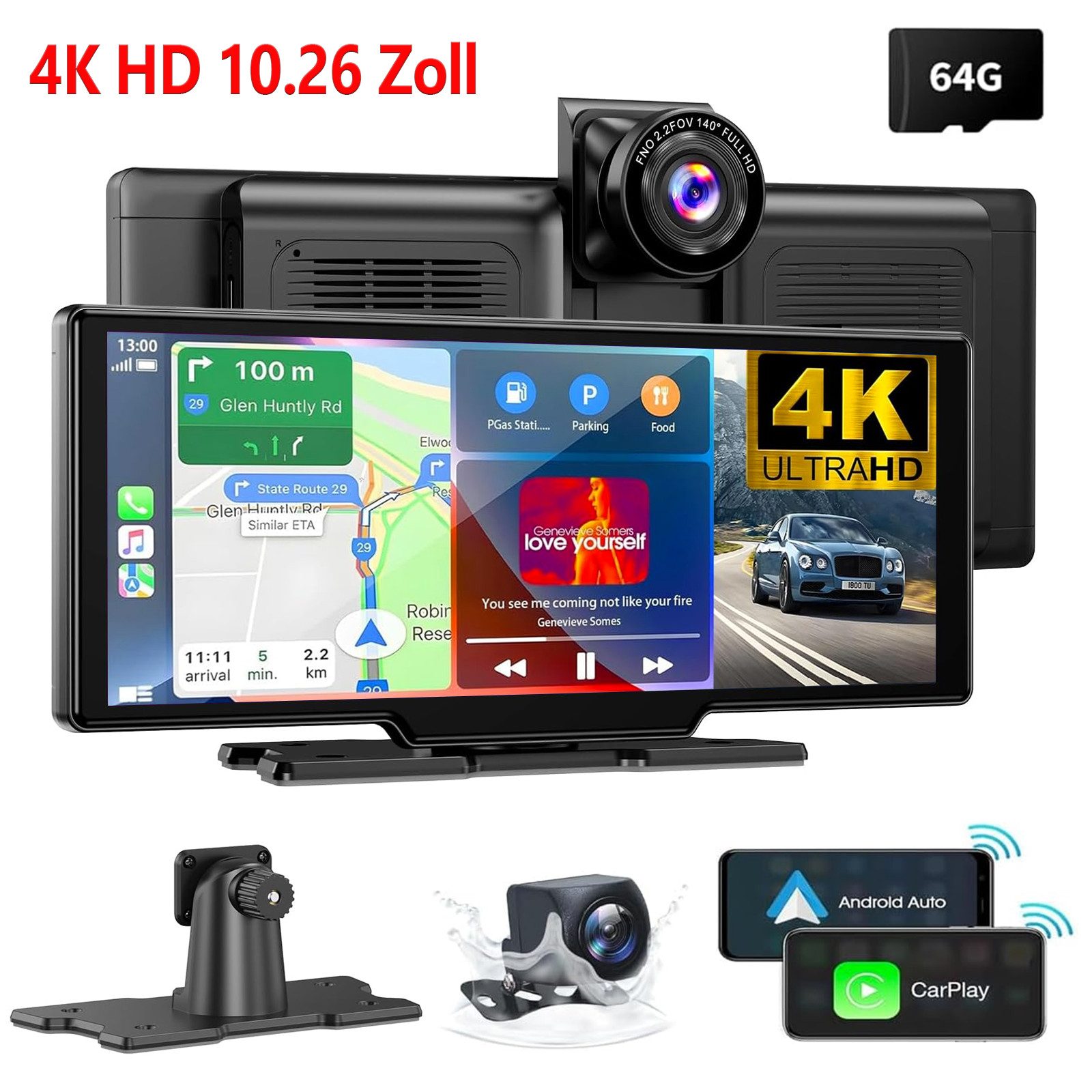 ESSGOO 4K HD Dashcam Auto Autokamera Kamera Carplay mit GPS Navigationsgerät Dashcam (Tragbar Autoradio Rückfahrkamera IPS Touchscreen GPS Navi FM AUX TF)