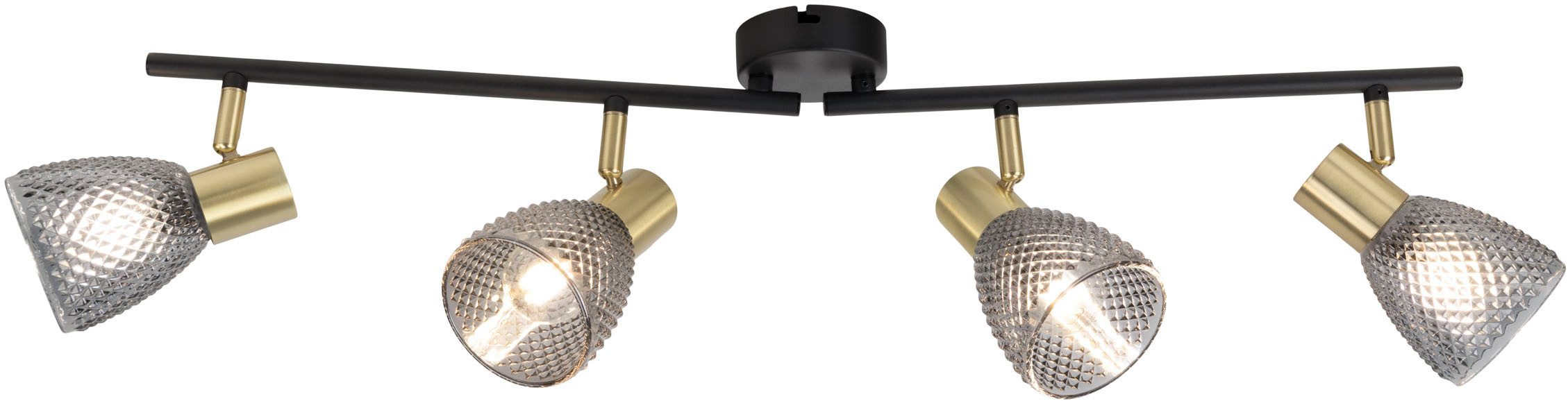 näve Deckenleuchte Lindita, ohne Leuchtmittel, 4er Spot, Relief-Glasschirm smokey, Gestell messing matt, 4x E14 exkl.