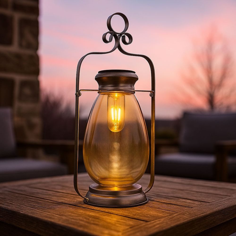 GLOBO LIGHTING LED Solarleuchte, LED-Leuchtmittel fest verbaut, Warmweiß, 2x Solarleuchte Laterne Außenlampe LED Gartendeko Glas amber