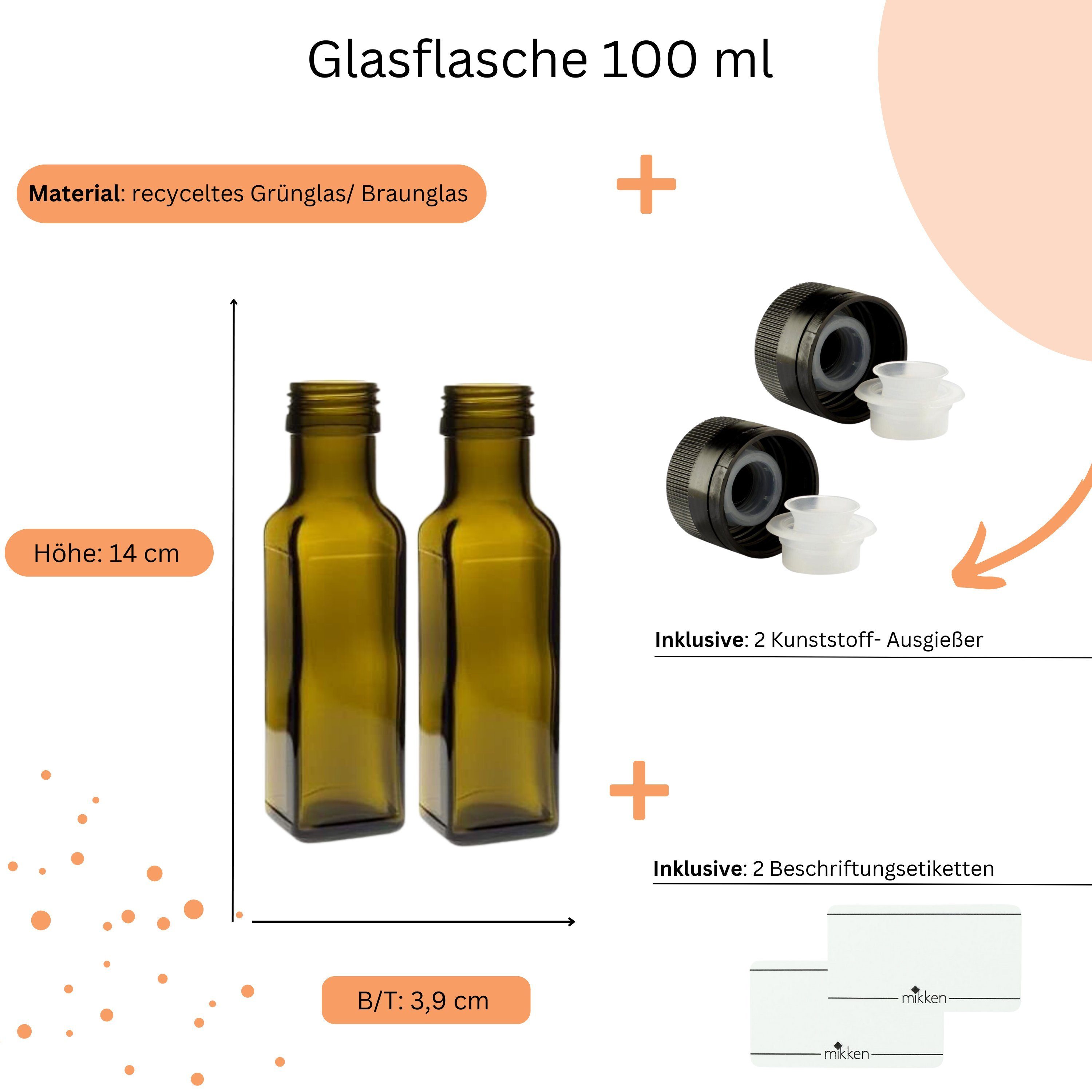 mikken Ölspender 2er Set Ölflaschen 100-1000 ml Glasflasche braun/grün mit Ausgießer, mit UV-Schutz
