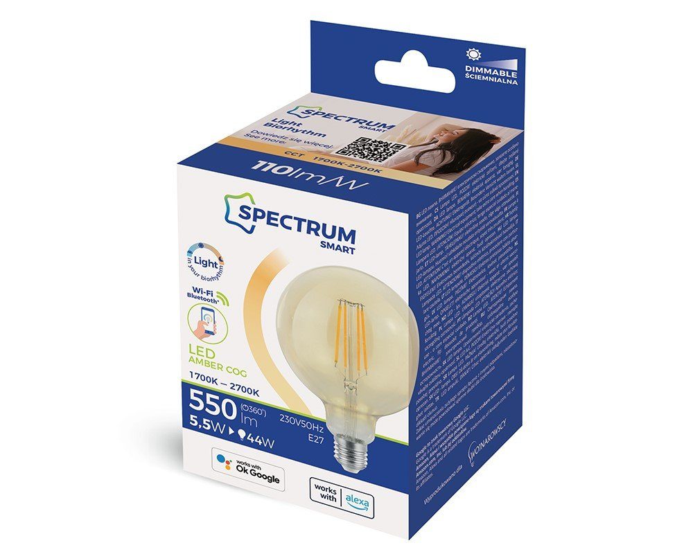Spectrum SMART E27 LED-Leuchtmittel App 5,5W=44W Alexa Warmweiß Google DIMMBAR, Gold / Smart DIMMBAR LED Steuerung Home 1700-2700K G125 E27, Farbtemperatur 550lm / / Smart Warmweiß