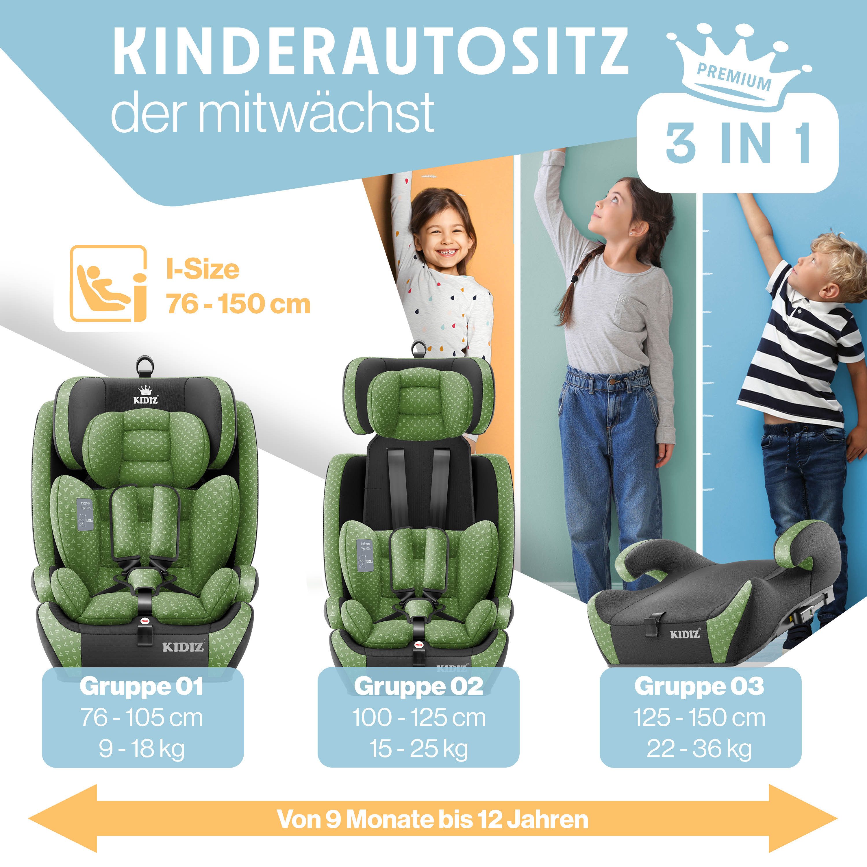 KIDIZ Autokindersitz, Kinderautositz Isofix 1-12 Jahre, Mitwachsend, Gruppe 1+2+3, 9-36 kg