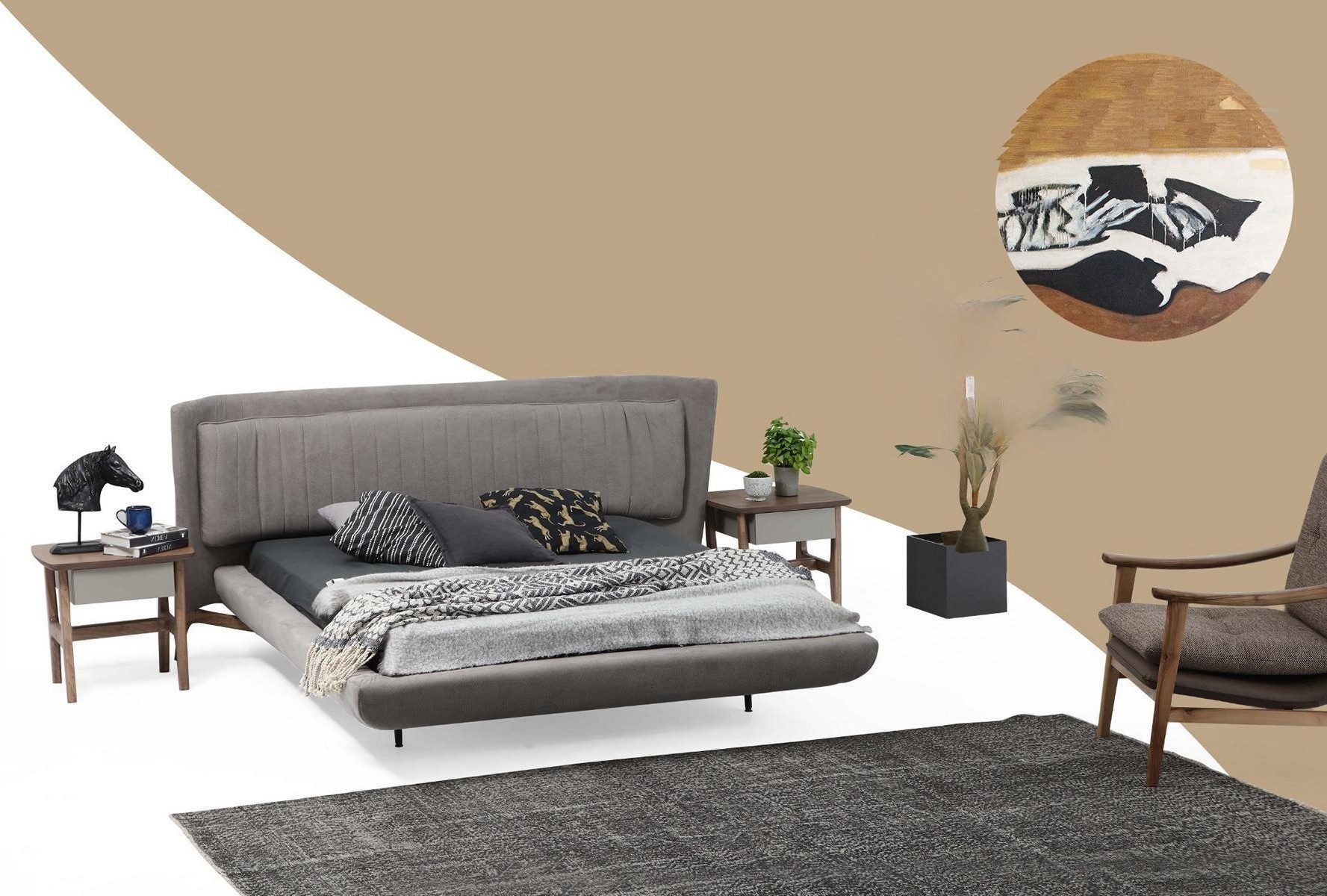 Xlmoebel Polsterbett Modernes Doppelbett aus Stoff in Grau für das Schlafzimmer (Doppelbett), Made in Europa