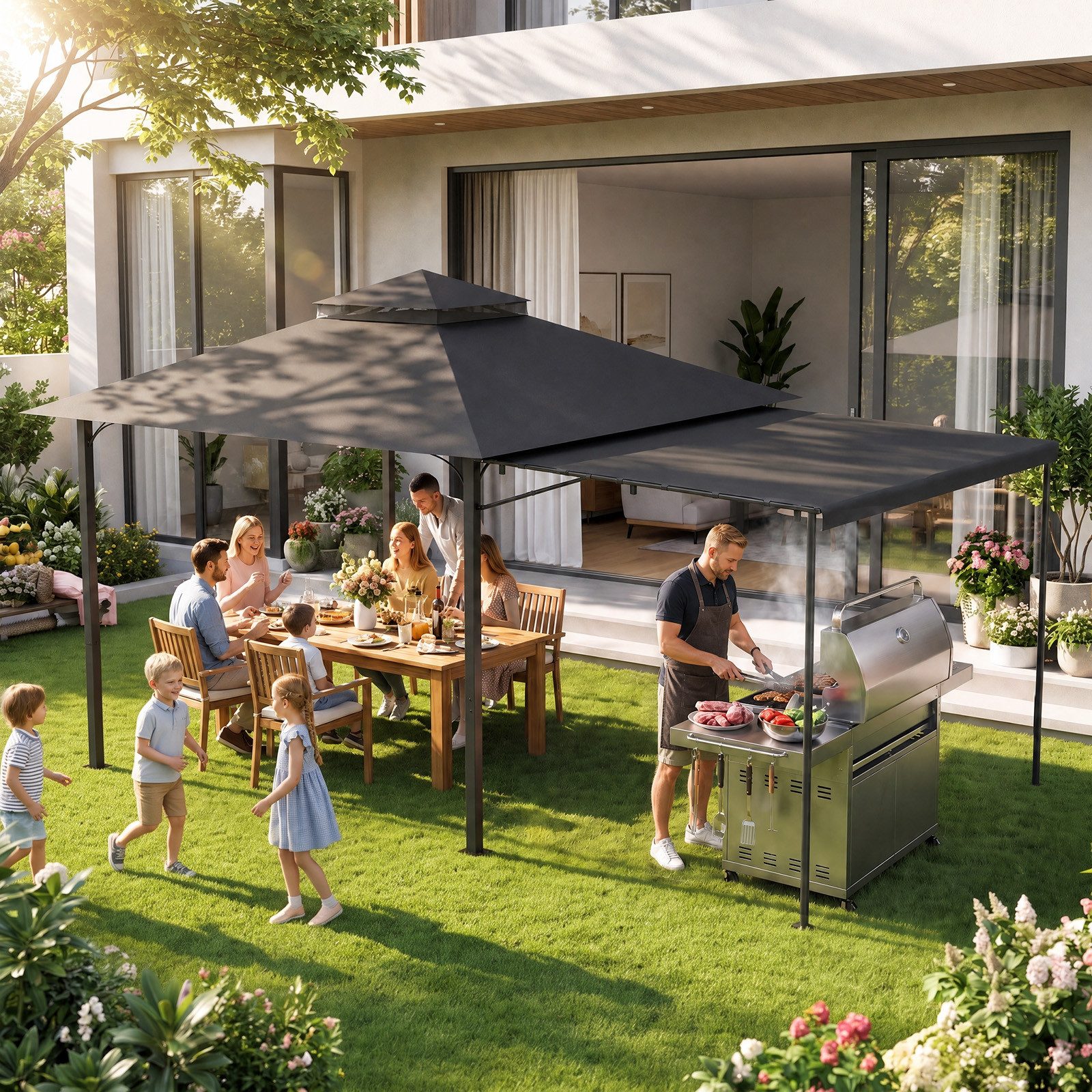 GUNJI Pavillon Doppellagiges Grillpavillon mit 1,8m Ausziehbarer Seitenmarkise, flexibel verstellbare Schattenflächen für Garten Terrasse Grillabend