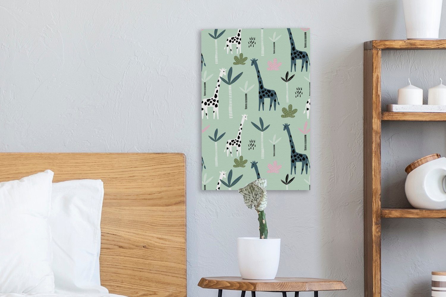OneMillionCanvasses® Leinwandbild Giraffe - Baum Zackenaufhänger, St), Grün, (1 fertig inkl. Gemälde, cm - 20x30 Leinwandbild bespannt
