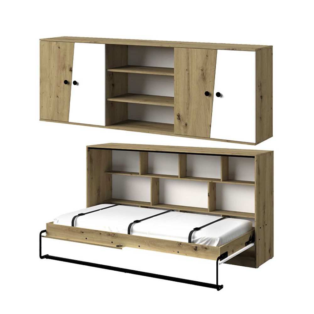 Feldmann-Wohnen Jugendzimmer-Set Nero, (mit 7 Regalfächern, mit Lattenrahmen, horizontal aufklappbar, 2-tlg., modern Optik, 2-teilige Set, Schrankbett, Hängeschrank), 213cm Eiche Artisan / weiß-schwarz matt, 2-teilig