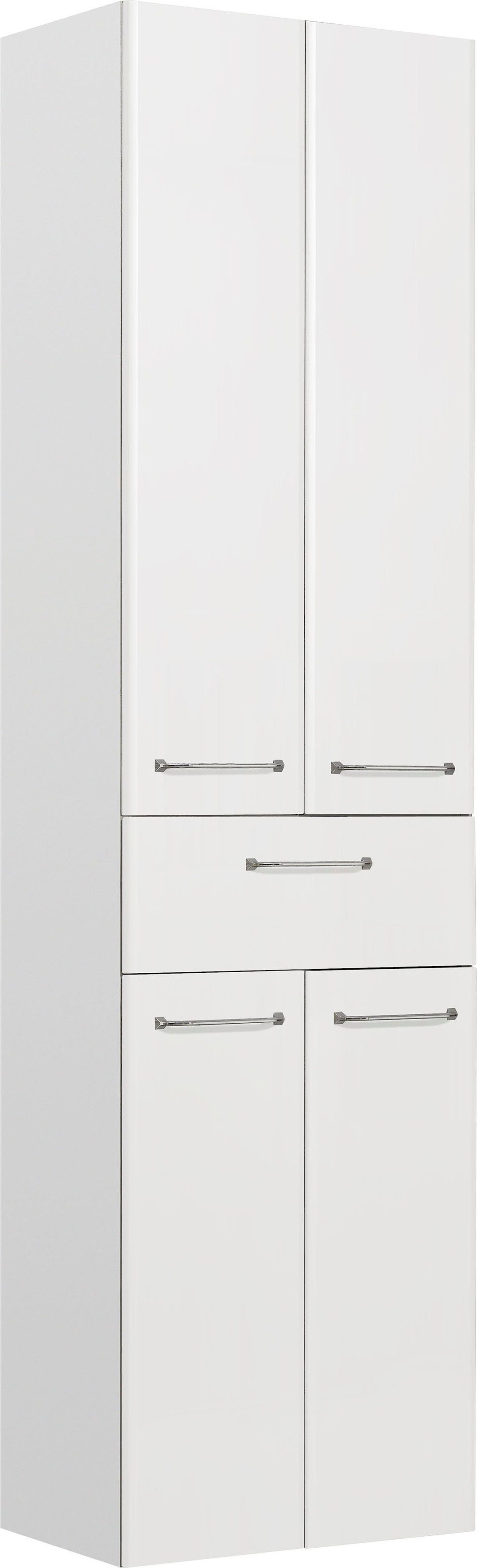 Saphir Hochschrank Quickset Badschrank 50 cm breit, 4 Türen, 1 Schublade, 3 Einlegeböden Badezimmer-Hochschrank inkl. Türdämpfer, Griffe in Chrom glänzend