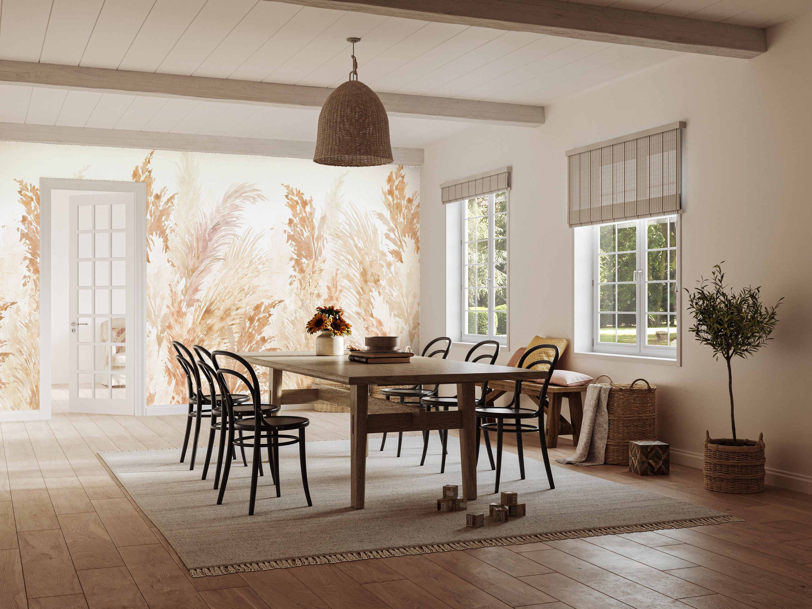 Rasch Fototapete Aquarell Pampasgras in Beige - Roomblush Pampas RB470 - 2,80m x 2,50m, glatt, Aquarell, Warm, (1 Rolle, 1 St), Aquarell mit dezentem Pampasgras