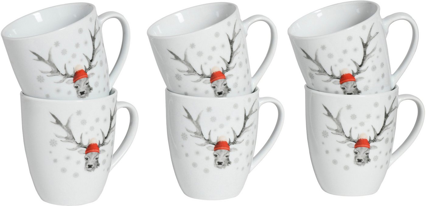 creaTable Becher Hirsch, Kaffeebecher, 6-tlg., 6-tlg., Porzellan, Winterdekor, Hirschmotiv
