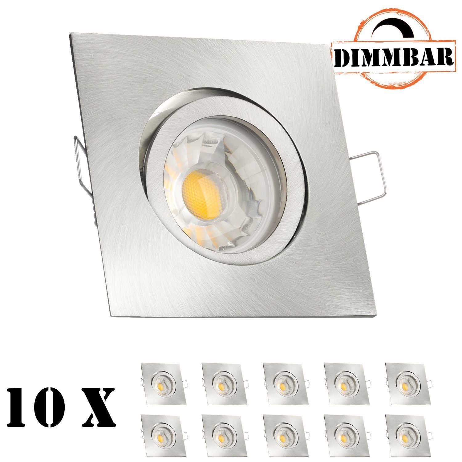 LEDANDO LED Einbaustrahler 10er LED Einbaustrahler Set Silber gebürstet mit LED GU10 Markenstrahl | Strahler