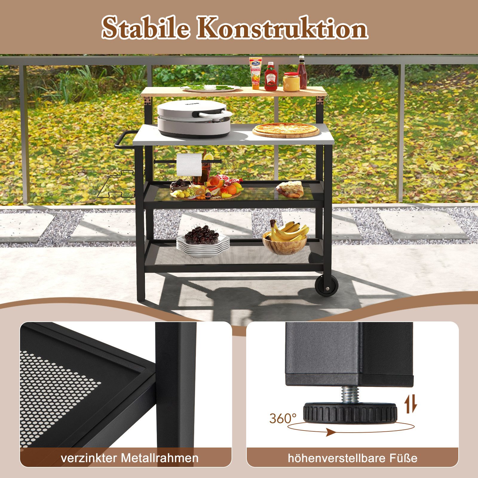 COSTWAY Grillablagetisch, Grillwagen Servierwagen mit Räder