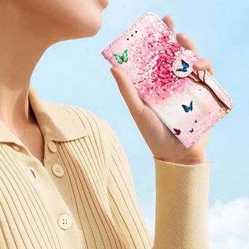 CLM-Tech Handytasche Hülle für Samsung Galaxy A14 5G Tasche aus Kunstleder Klapphülle (rosa Baum Schmetterlinge, Samsung Galaxy A14 5G Handyhülle Wallet Flip Case Cover Etui), Standfunktion, Kartenfächer, Magnetverschluss