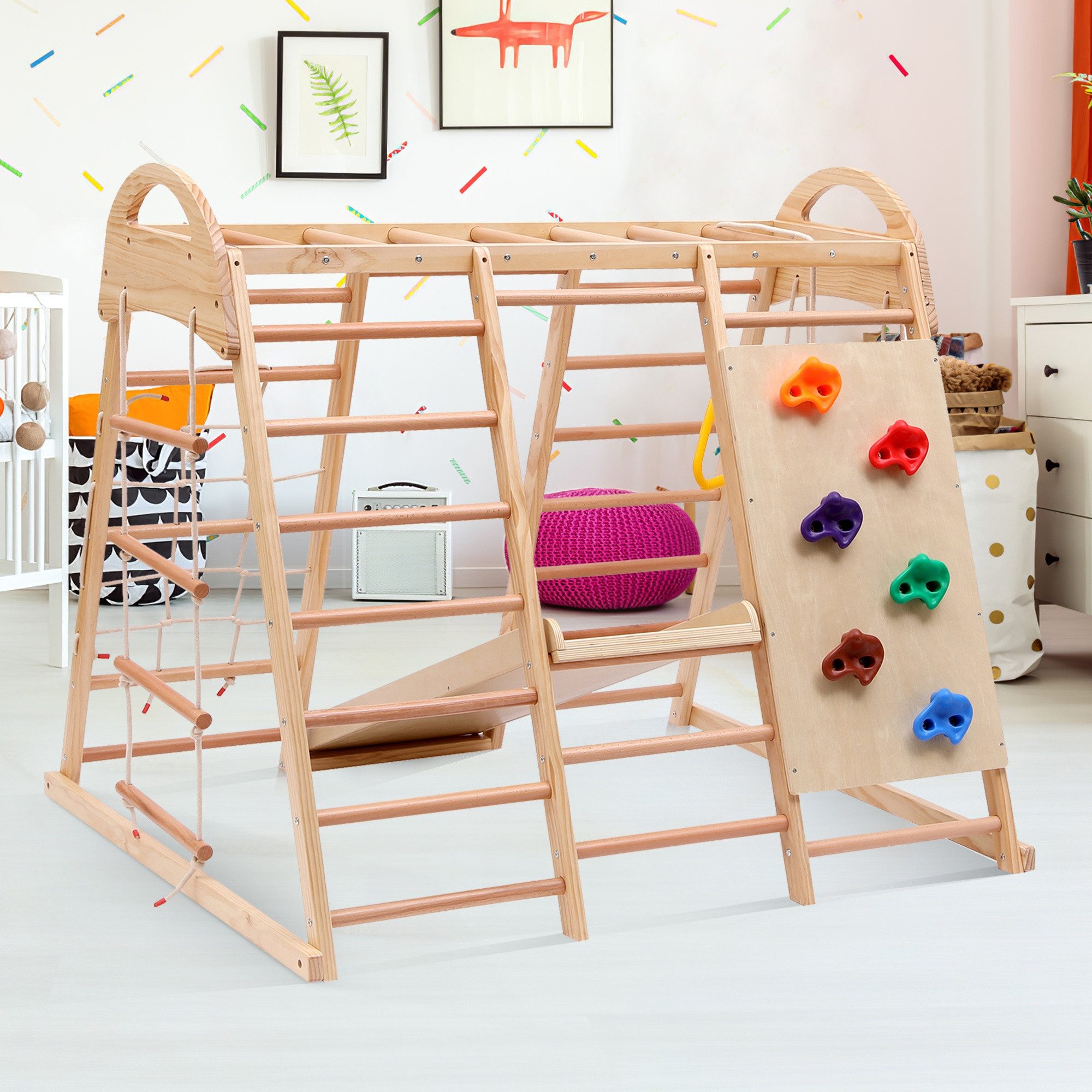 IDEASY Schaukelkombination 7-in-1 Klettergerüst mit Schaukel, Rutsche & Netz, Inkl. Ringe, Klettergriffe & Zeltfunktion - Buchenholz