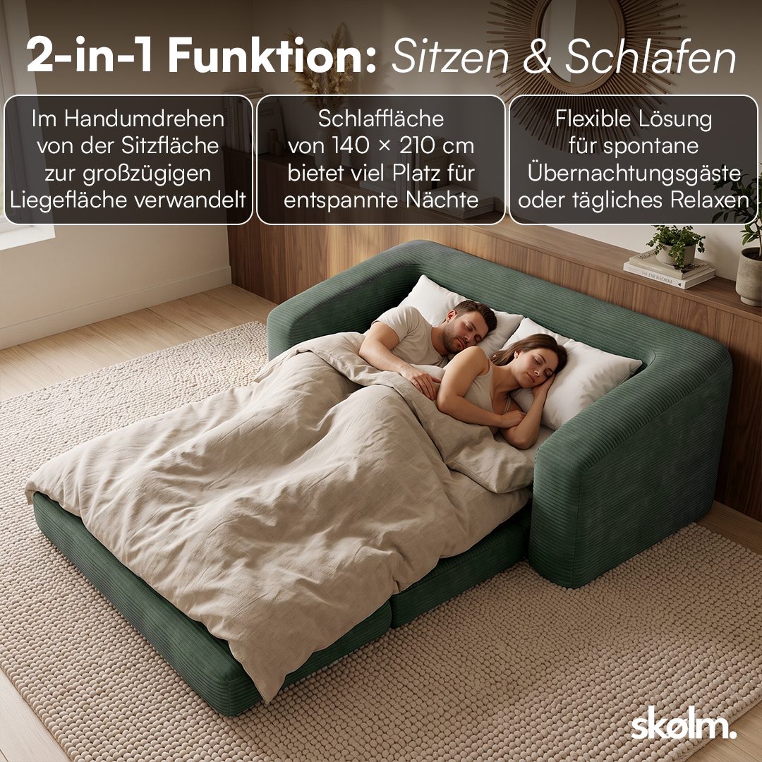 skølm Schlafsofa & Schlafsessel Fjäll mit Kissen, ohne Aufbau, vakuumverpackt, dunkelgrün, Klappsofa 182x100x70 cm, Cordsofa – Bild 5 von 5