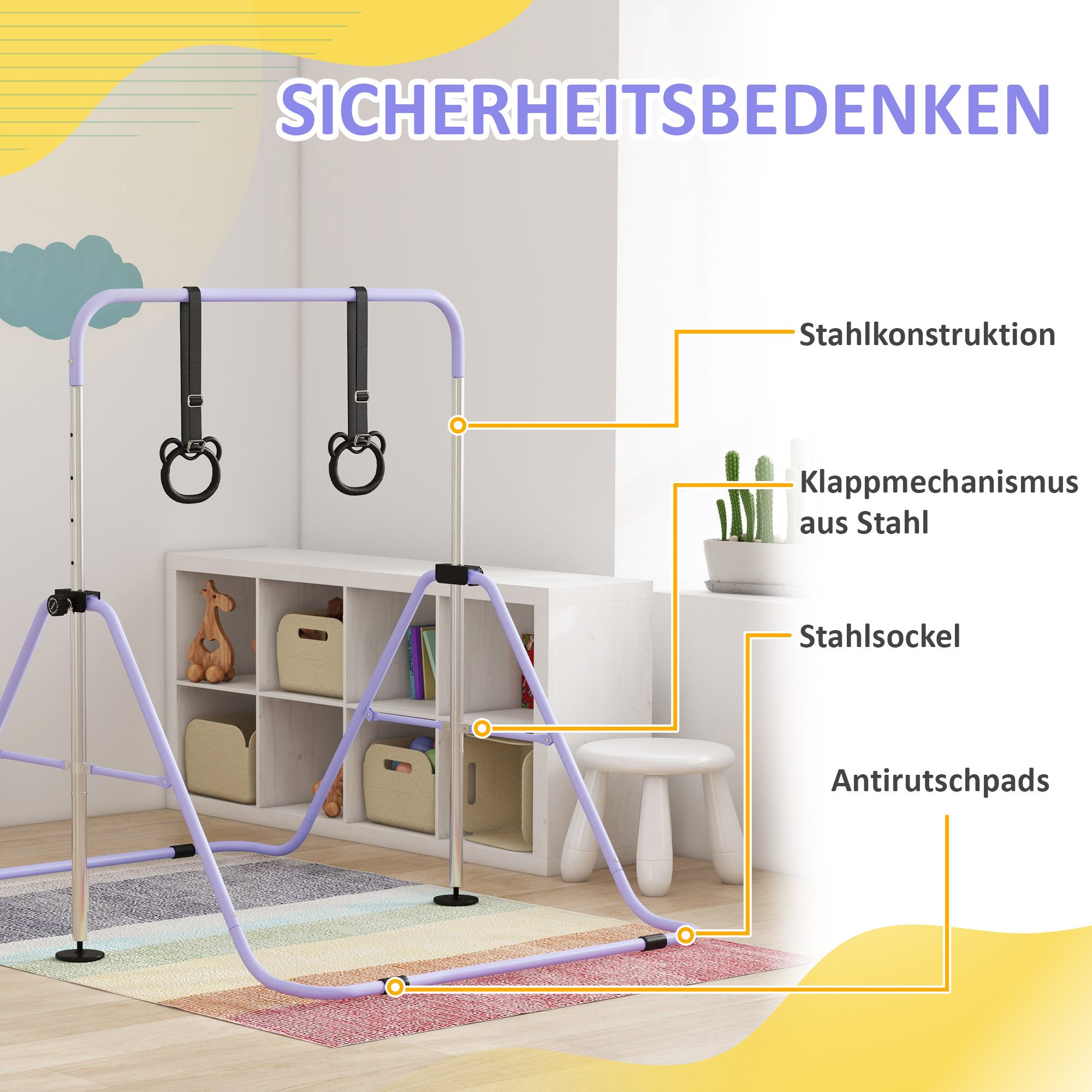 HOMCOM Turnreck Gymnastikstange für Kinder, Turnstange ab 3 Jahre, 88-128cm, (Reckanlage, 1-St., Reckstange), für Indoor bis 50 kg belastbar Stahl Violett – Bild 5 von 5