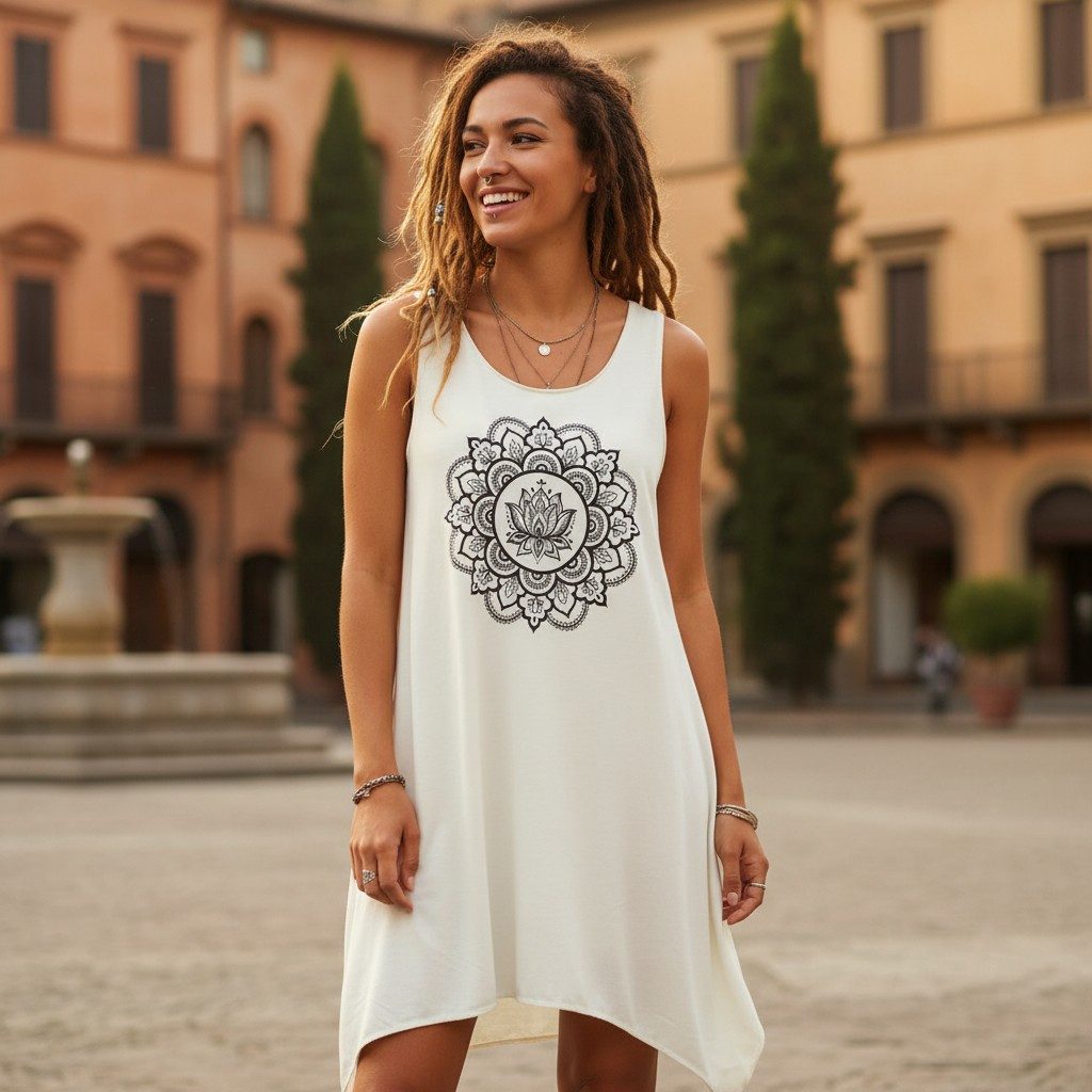Guru-Shop Midikleid Minikleid mit Ethnodruck - creme Lotus alternative Bekleidung