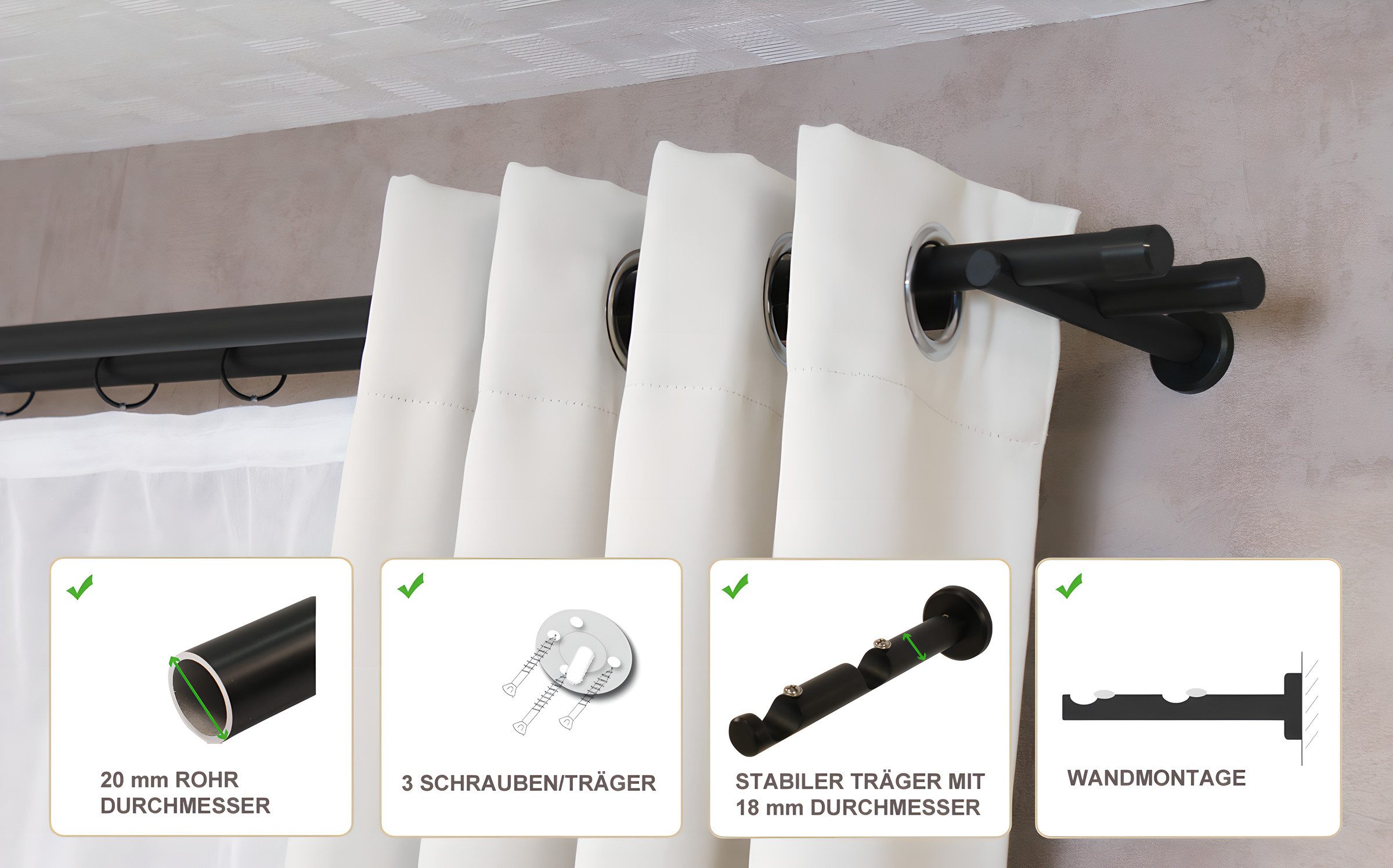 iso-design Gardinenstange 20 mm 2-läufig Schwarz günstig online kaufen