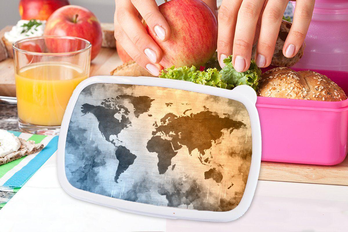 Brotdose Kunststoff - Weltkarte Mädchen, (2-tlg), Snackbox, Farben Lunchbox Brotbox Abstrakt, Kinder, rosa - Erwachsene, Kunststoff, MuchoWow für