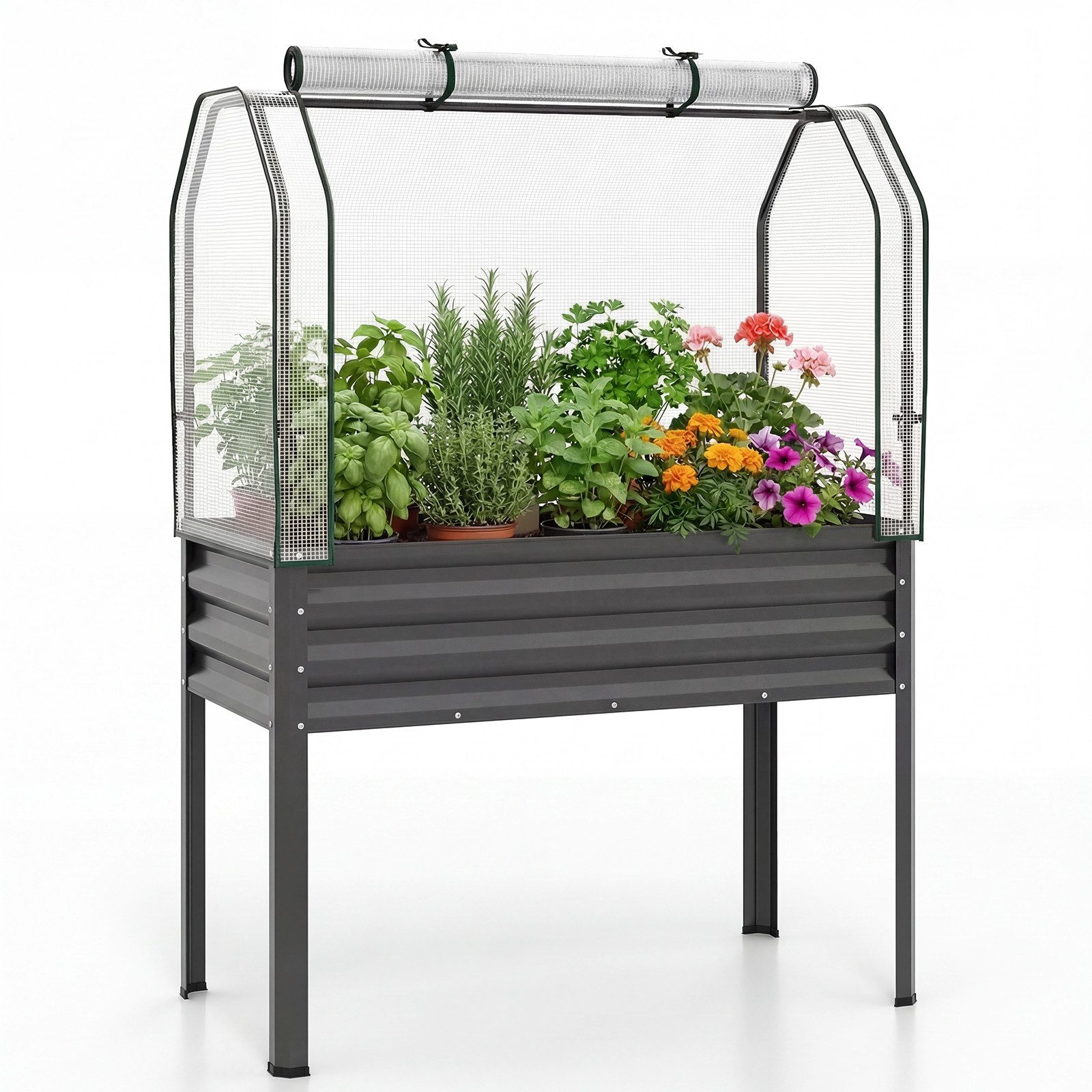 KOMFOTTEU Hochbeet, Blumenbeet mit PE-Abdeckung, Rolltür & Metallrahmen