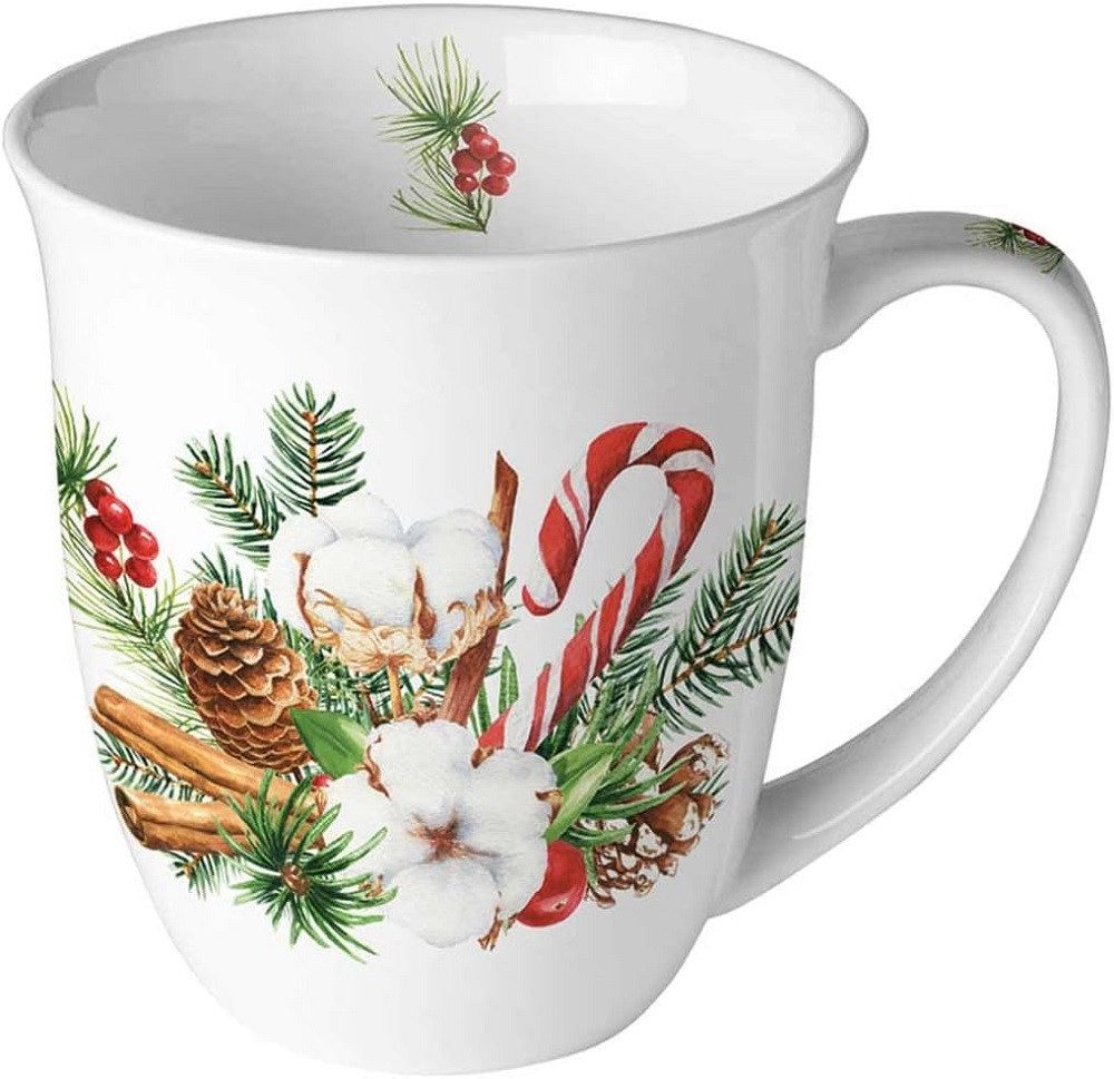 Ambiente Luxury Paper Products Becher Weihnachtsbecher- Silvester - Herbst / Winter Tee - Kaffee Tasse, 1-tlg., Porzellan Weihnachtsarrangement, Zweige, Blumen, Weihnachten, Tannen, Zapfen, Kollektion, Mug, Weihnachten, Geschenkartikel