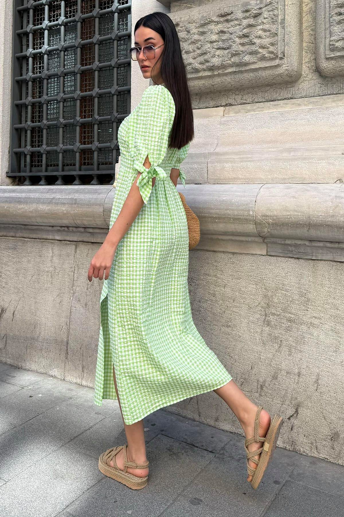 For You Moda Minikleid Natürliche Viskose Waffel Karo Schlitz Maxi Grün Kle günstig online kaufen