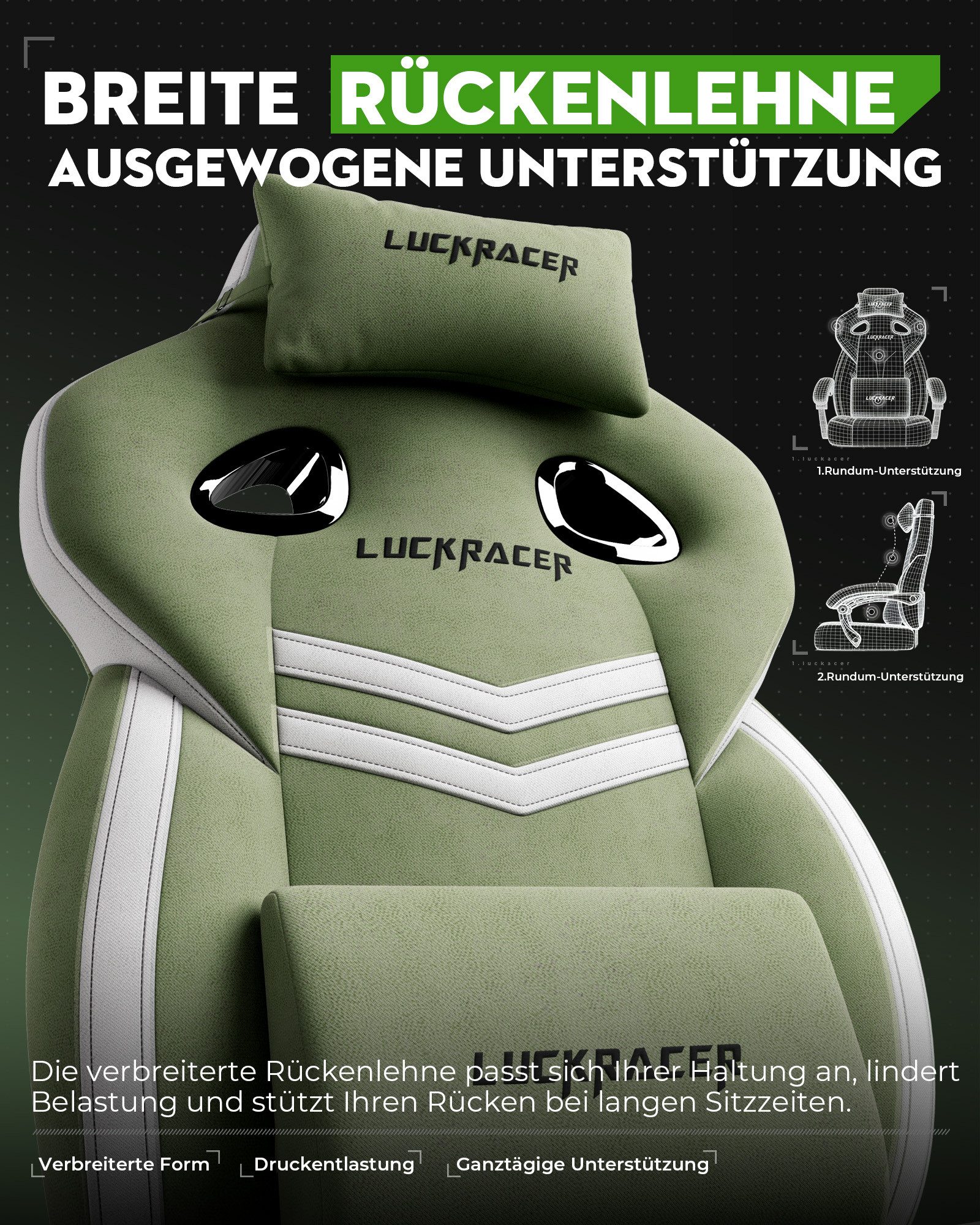 LUCKRACER Gaming-Stuhl Stoff/Kunstleder, Bürostuhl mit verbundenen Armlehnen, Memory-Schaum, 90–155° Neigungswinkel und Fußstütze