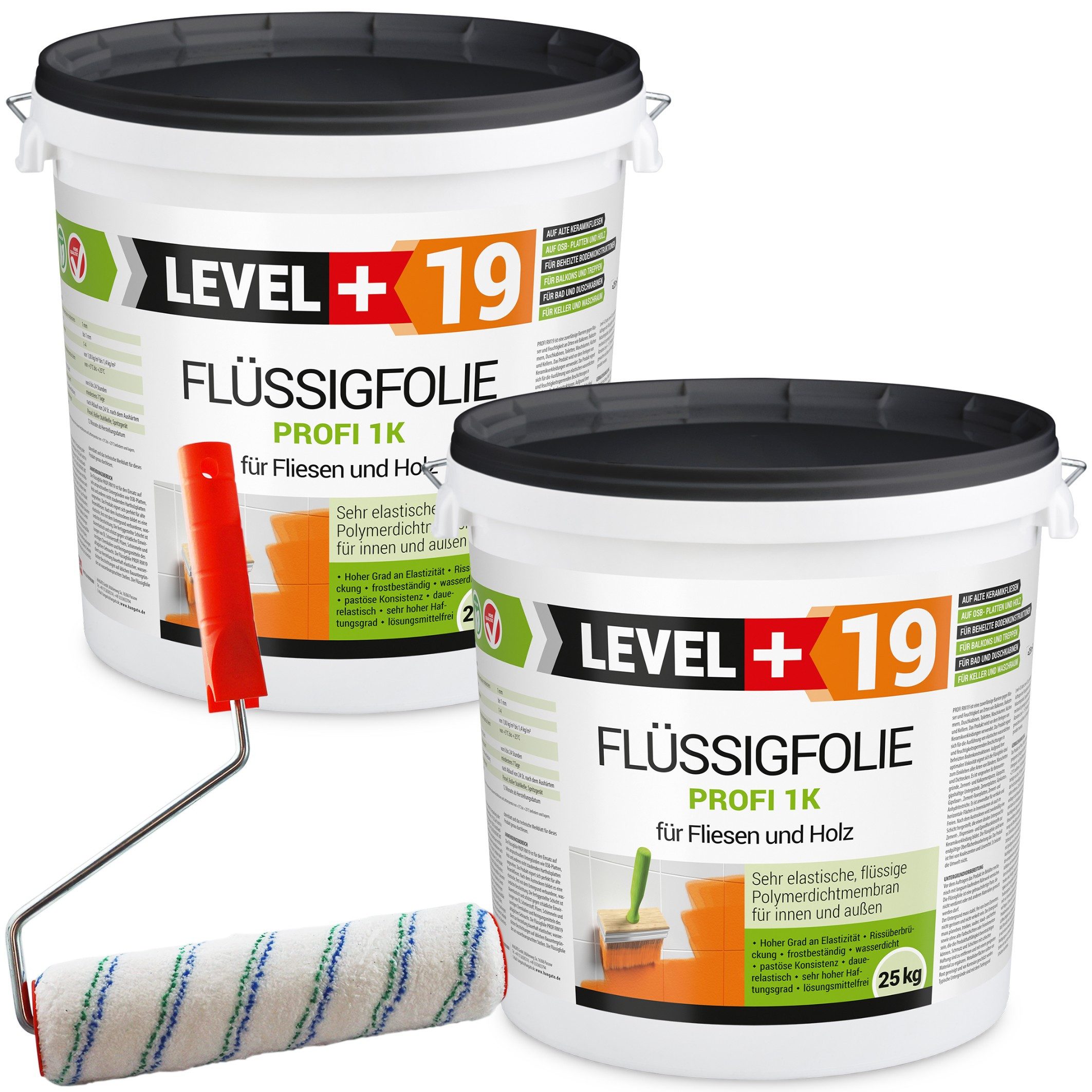 Level+ Dichtstoff Flüssigfolie Dichtfolie Abdichtung Fliesen L+19 - 50KG + Farbroller