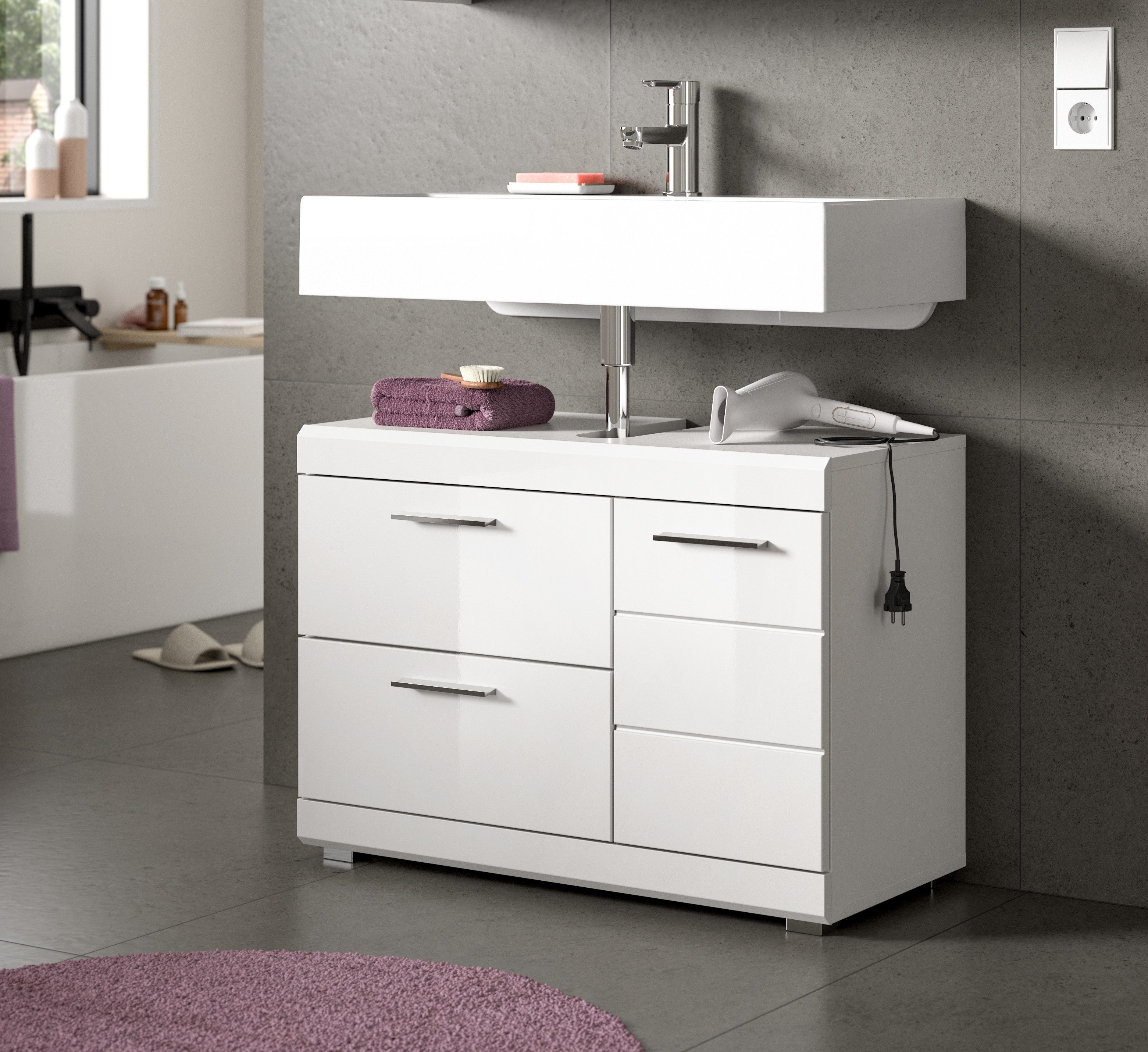 welltime Waschbeckenunterschrank SIENA, Breite 80cm, 1 Tür, 1 Schubkasten, 1 Klappe, 2 Fächer,MDF-Front (TOPSELLER!, mit Siphonausschnitt 10x25 cm) WBU, Badmöbel, Badschrank, Kommode, Unterschrank, Bad, Badezimmer